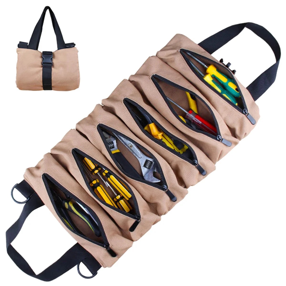 Tnjskce Canvas Tool Roll Up Bag Wrench Tool Roll Up Pouch with 6 Zipper