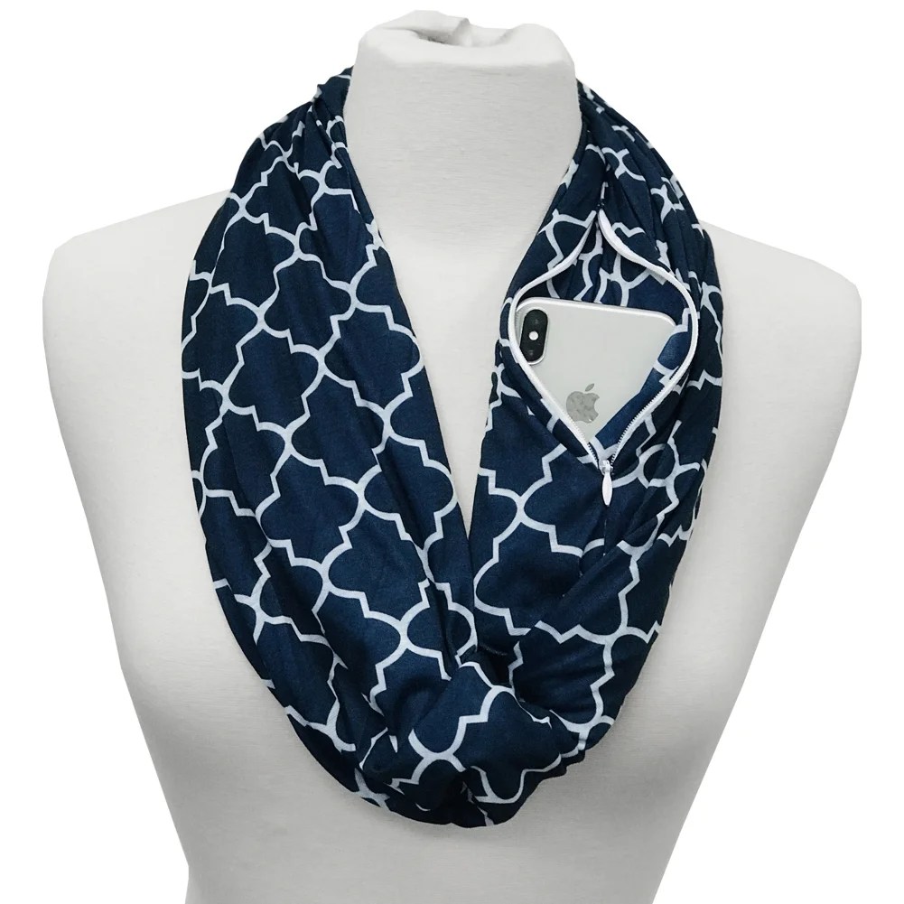 Pop Fashion Womens Infinity Scarf with Zipper Pocket & Pattern Print