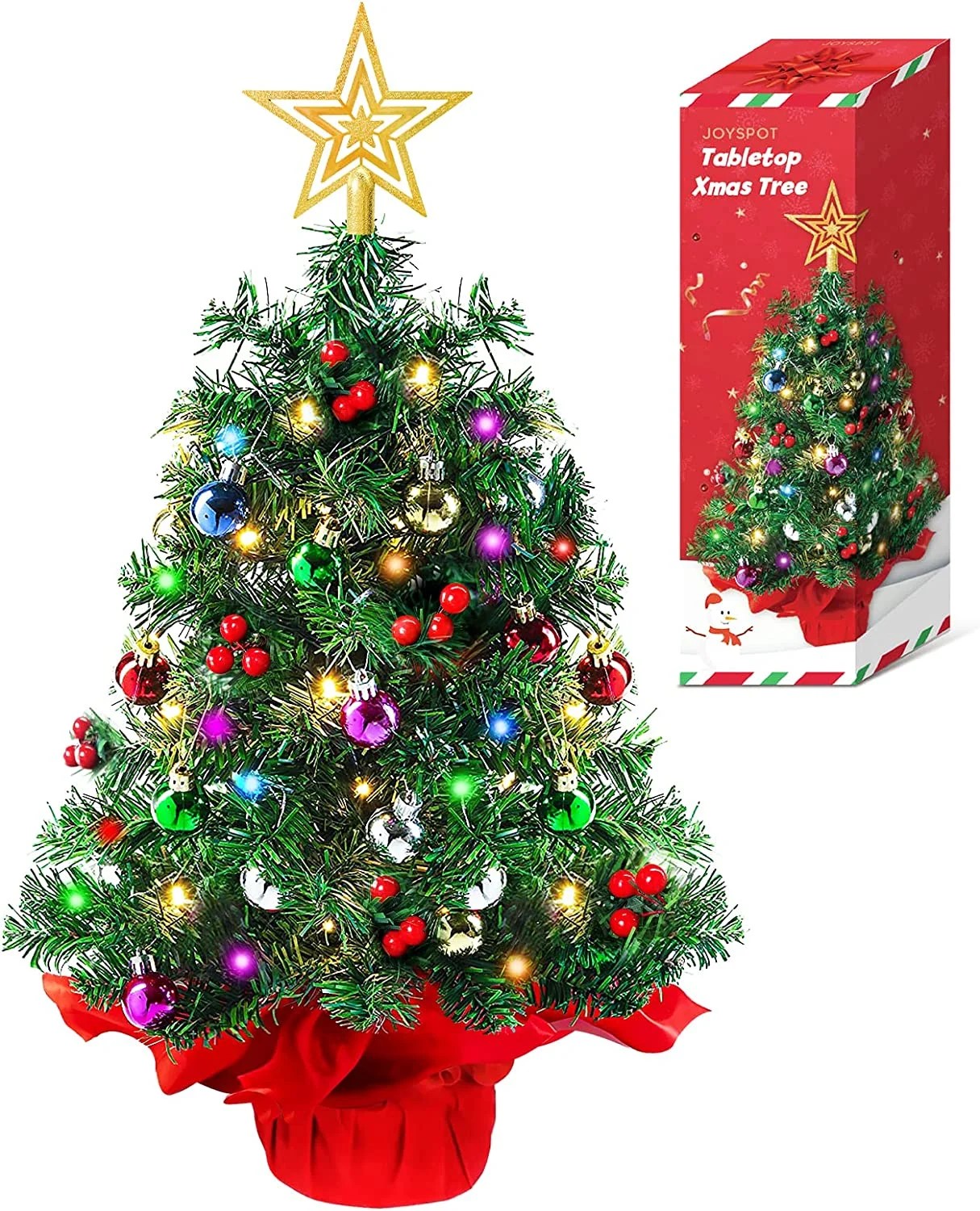 24 Inch Tabletop Christmas Tree, Mini Artificial Christmas Tree with 60