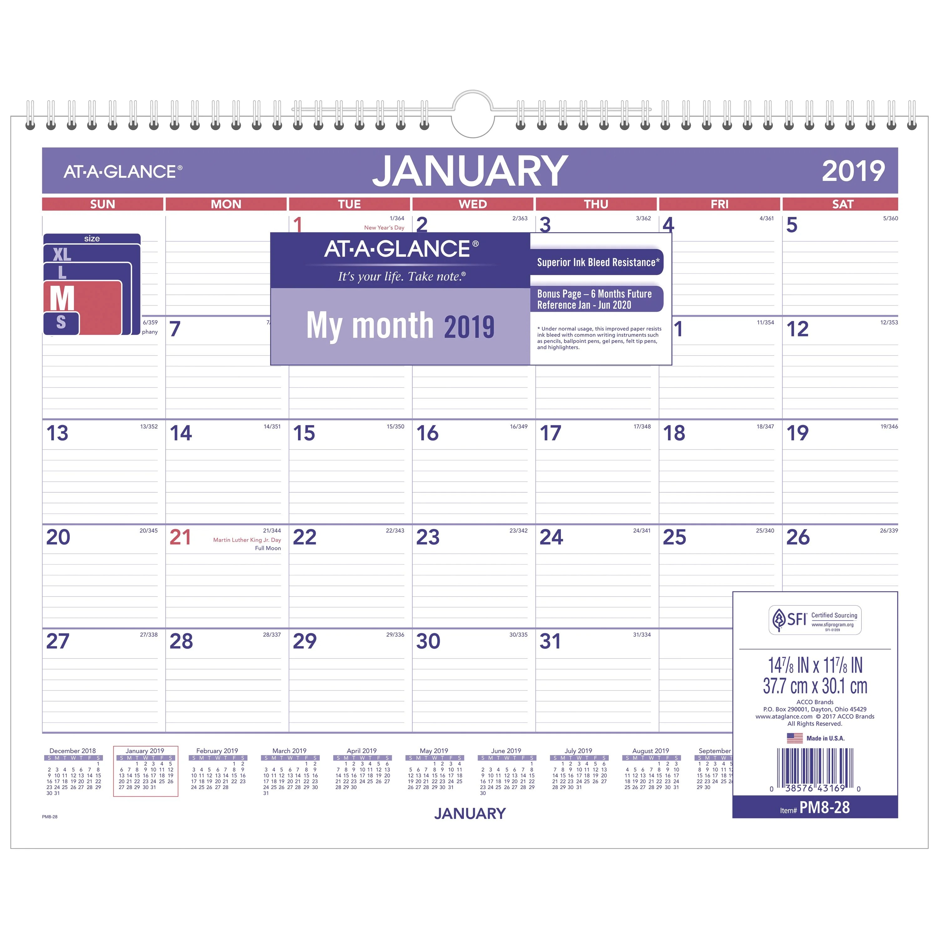 ATAGLANCE® 2019 Monthly Wall Calendar, 12 Months,15" x 12" (PM828