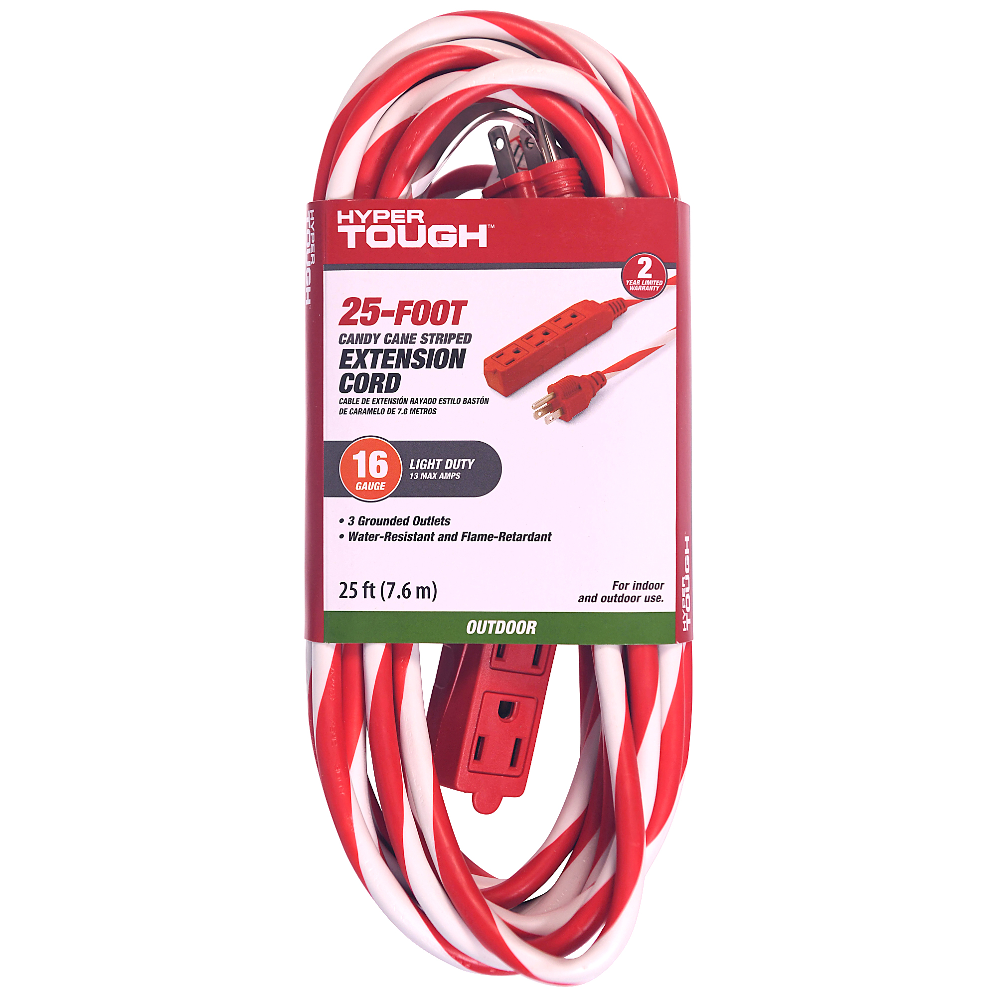 Hyper Tough 3outlet 25` Candy Cane Cord
