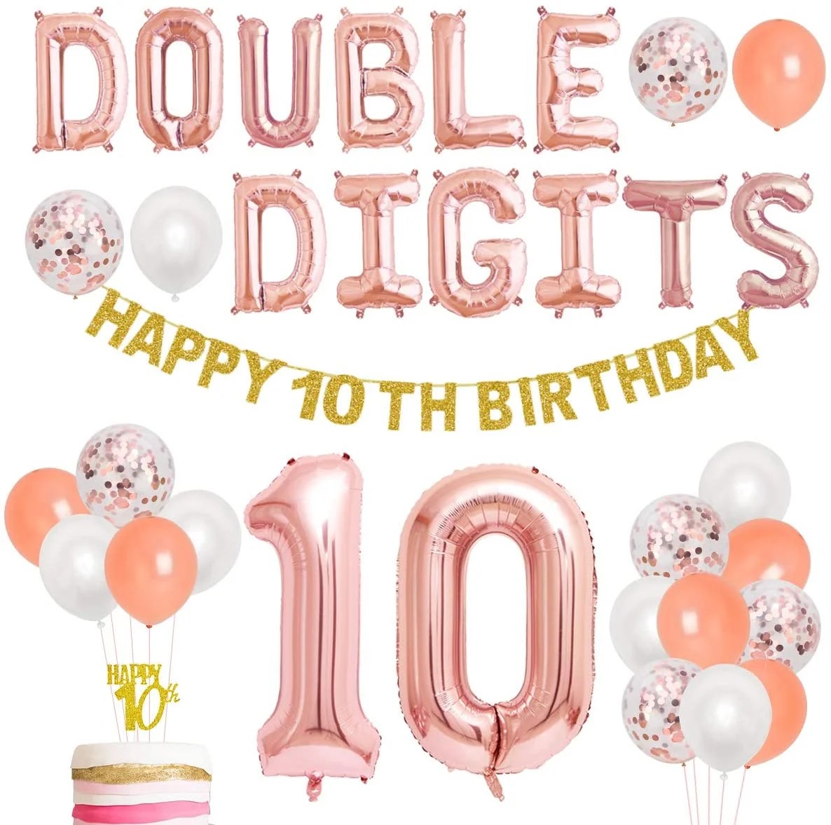 10th Birthday Decorations for Girls Rose Gold Double Digits 10 Foil