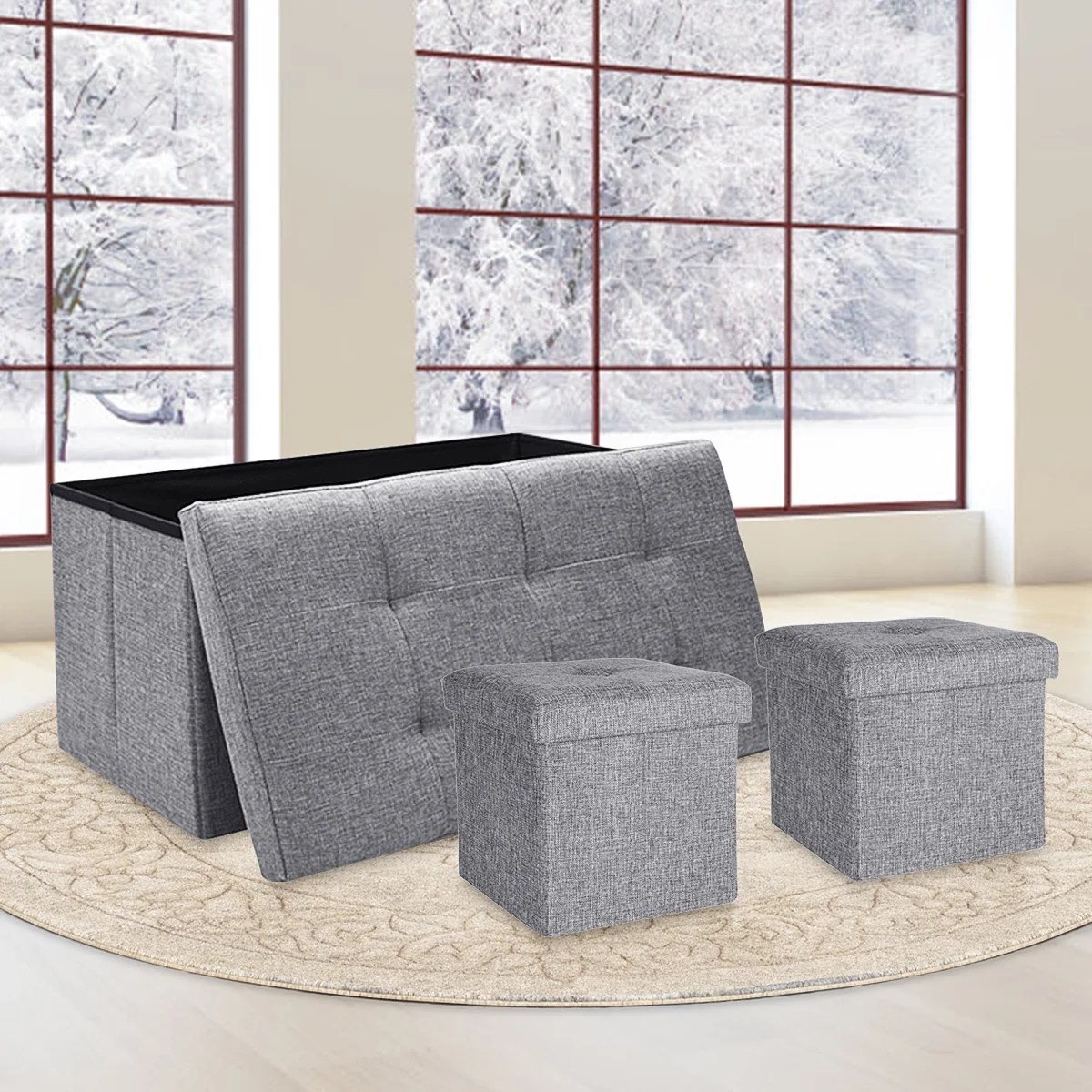 Foldable Storage Ottoman Bench, Linen Coffee Table, Foot Rest Stool