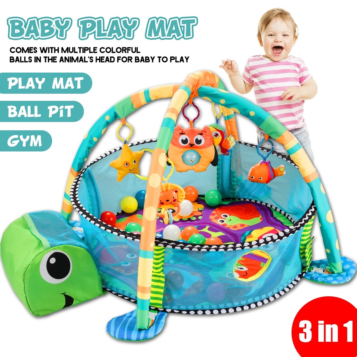 3in1 Baby Gym Play Mat Activity Game Play Crawling Mat with 4 Hanging