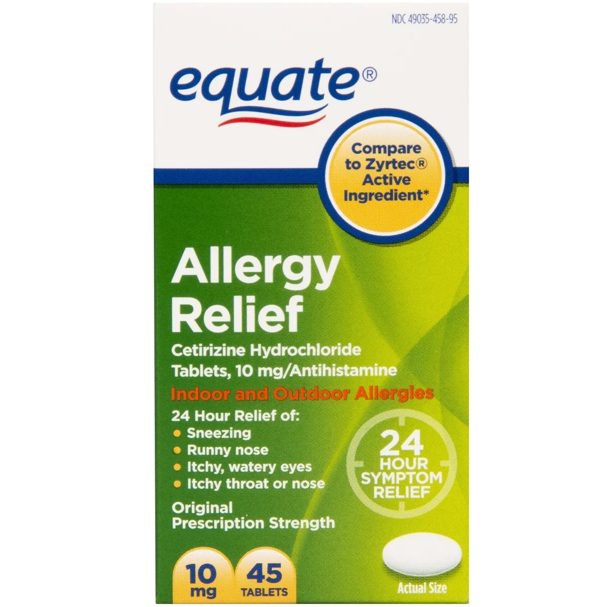 Equate Allergy Relief, Cetirizine Hydrochloride Tablets, 10 mg, 45