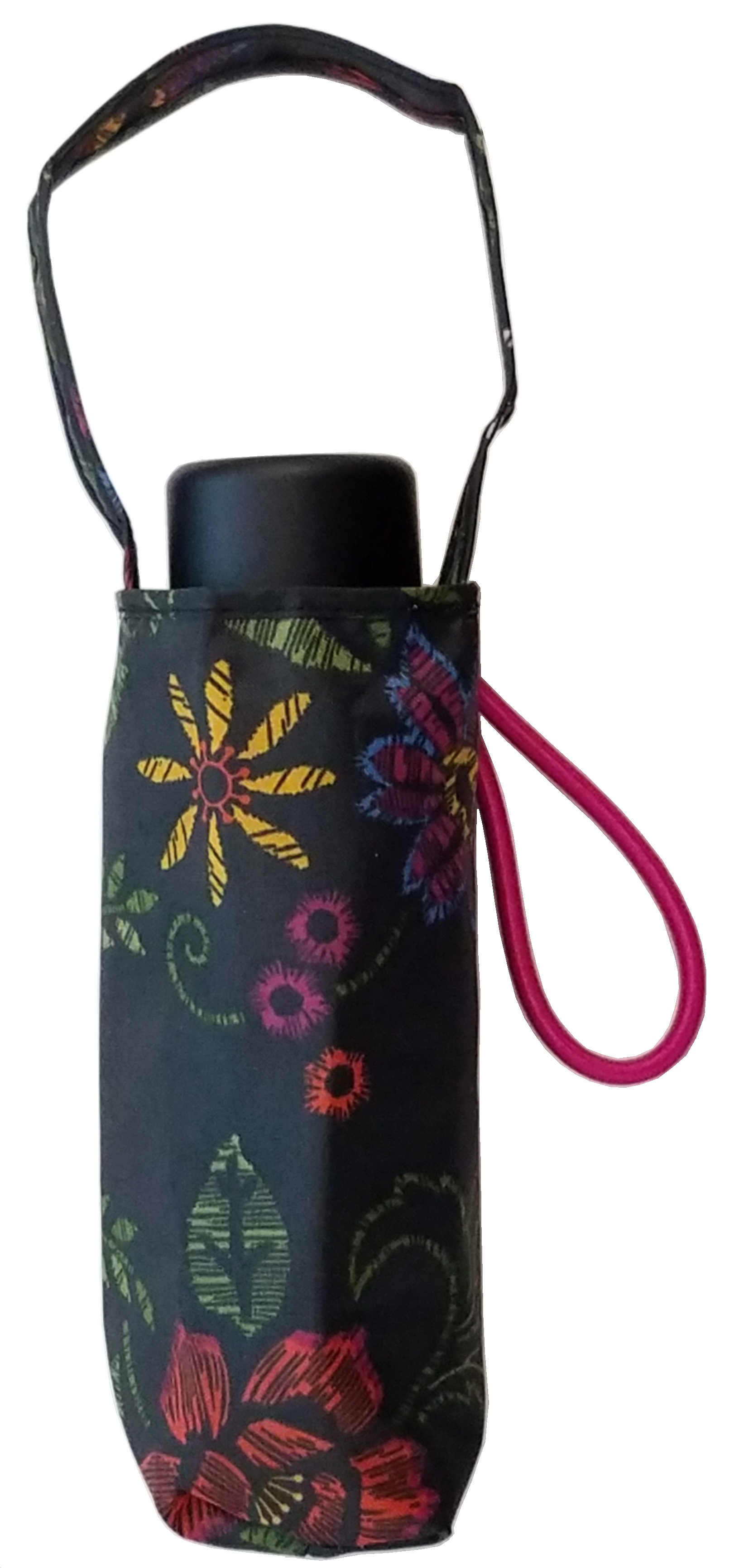 Totes Micro Mini Manual Umbrella, NeverWet technology, Purse Umbrella, Colorful Flowers on Black