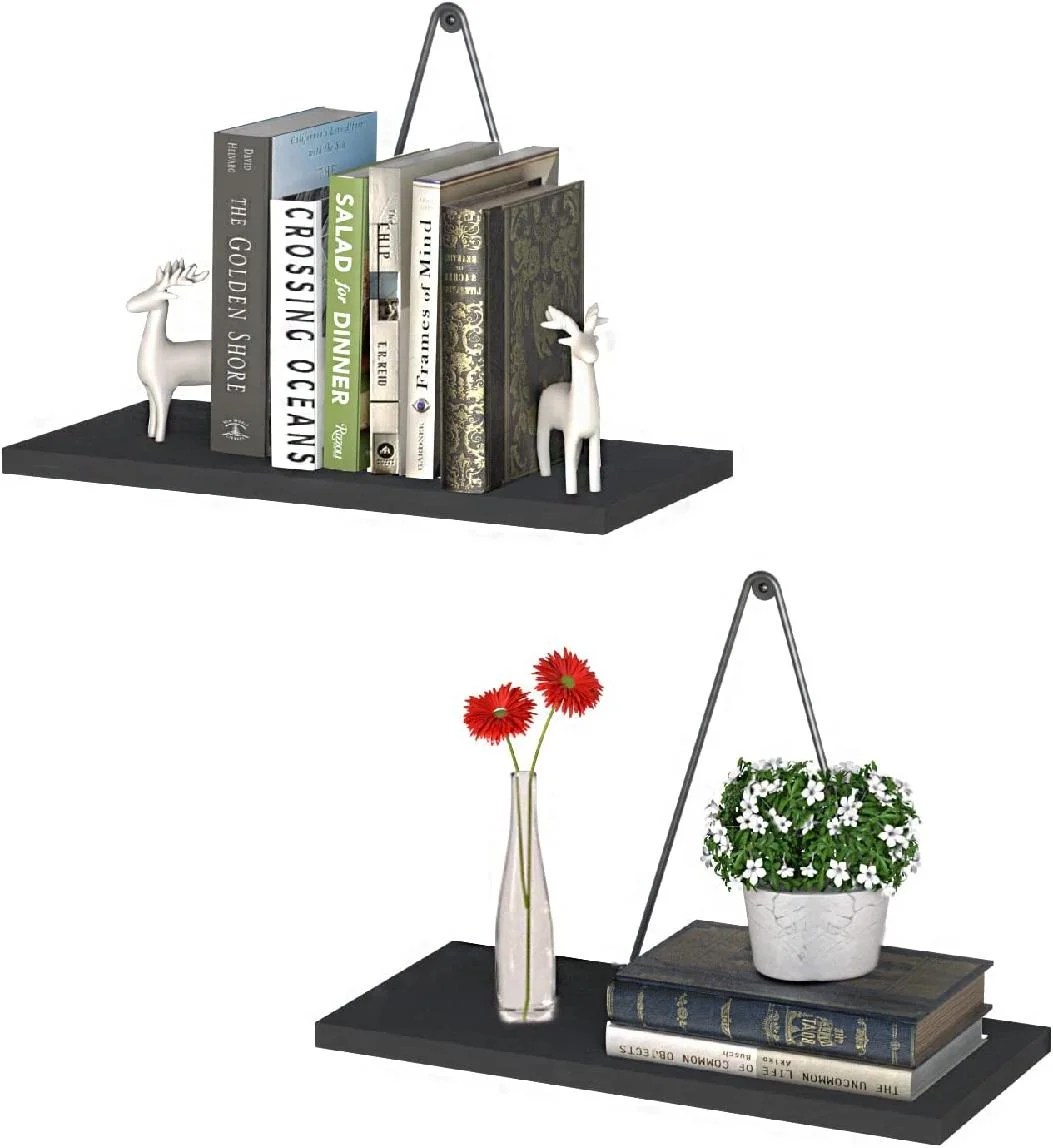 Rustic Wooden Hanging Bookshelf, Wall Floating Shelf with Triangle