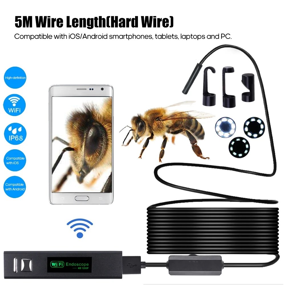 1200P Borescope WIFI Inspection Camera Builtin 8pcs LEDs 8mm Lens IP68