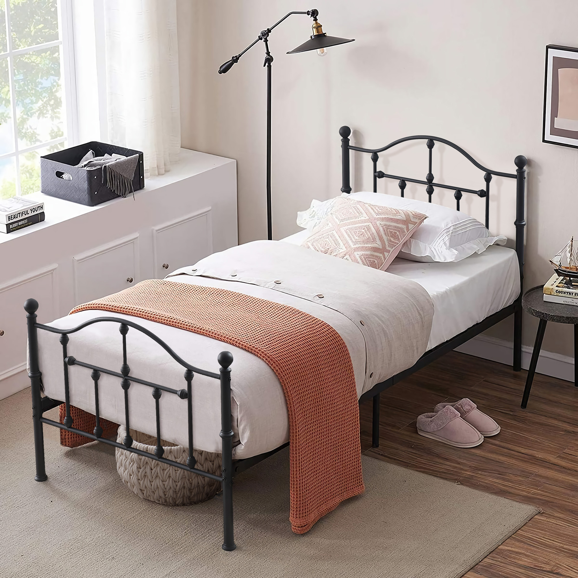 Katkuca Twin Size Metal Bed Frame with Headboard and Footboard for Bedroom, Black