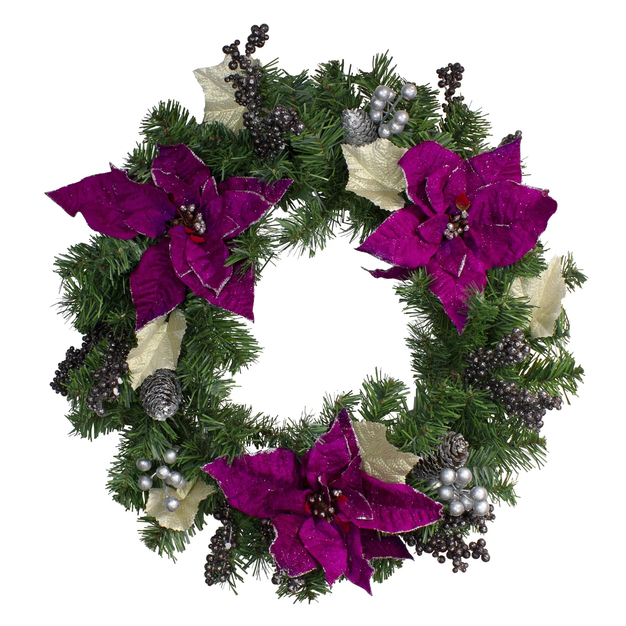 Purple Poinsettia and Silver Pine Cone Artificial Christmas Wreath 24