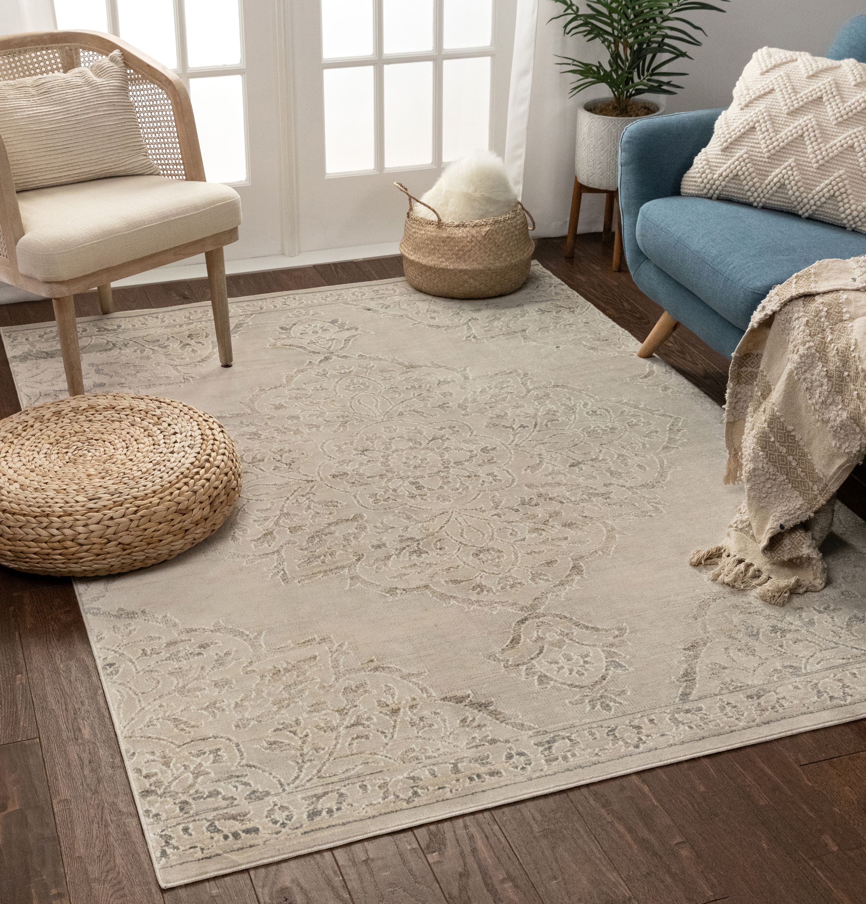Well Woven Calla Vintage Beige & Grey Distressed Oriental Medallion