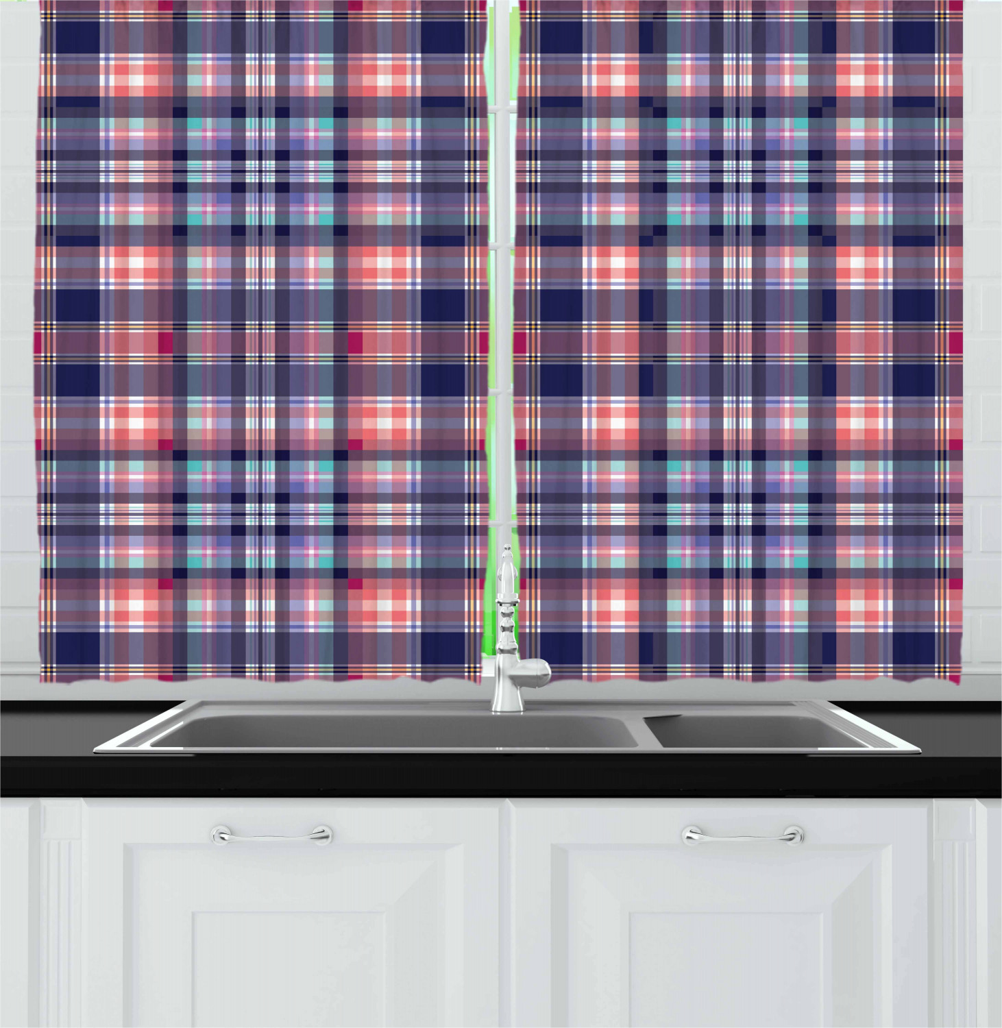 Checkered Curtains 2 Panels Set, Pink and Blue Colored Repeating