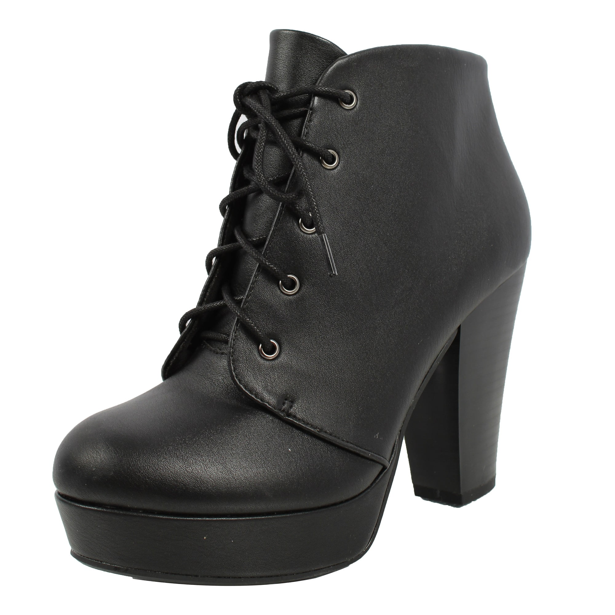 SODA Soda Women's Lace Up Platform Stacked Block Heel Ankle Boot
