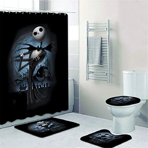 TAWOAO 4 Pcs Jack Skellington Shower Curtain Set with NonSlip Rugs