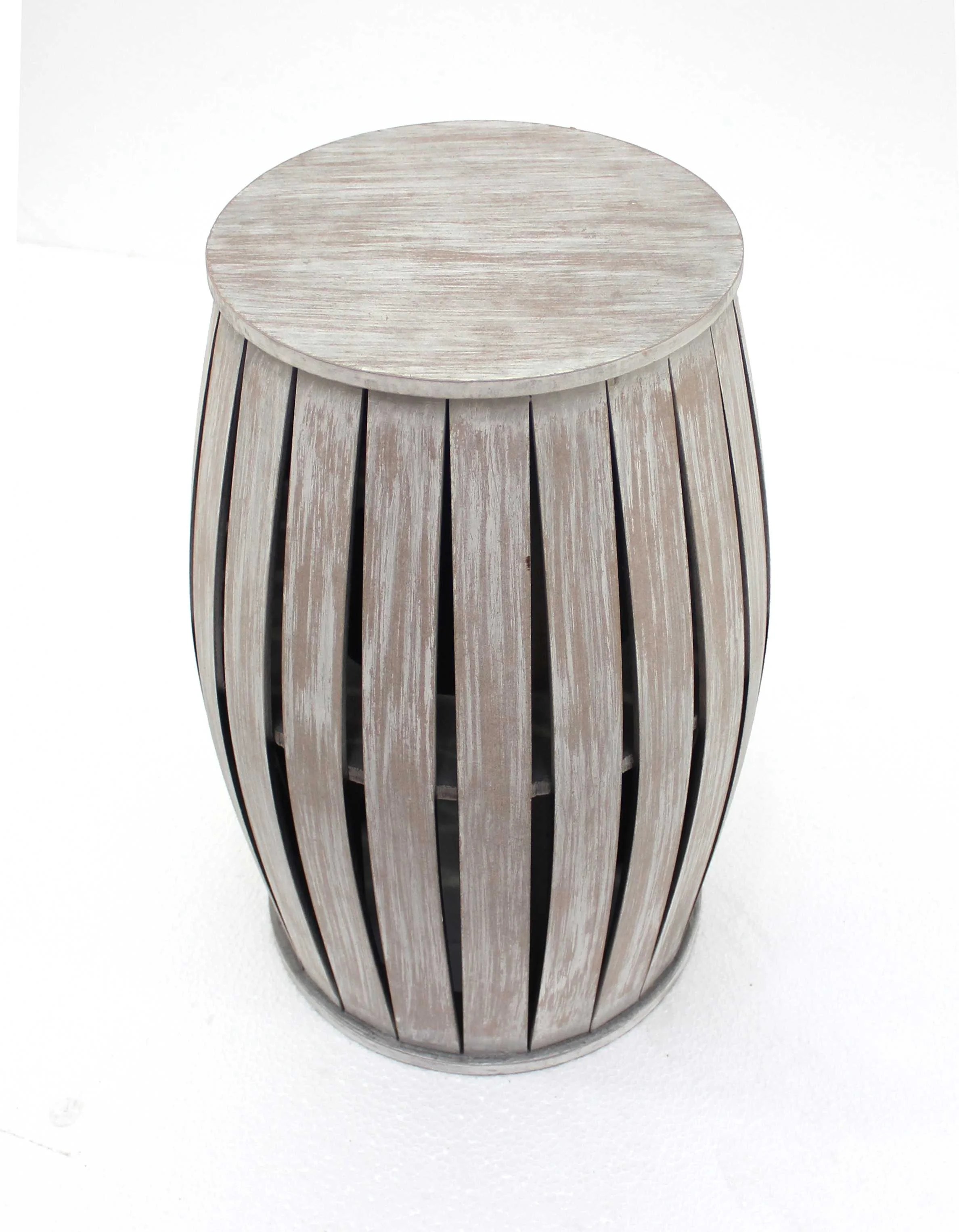 18" X 14" X 14" Gray Rustic Style Wooden Barrel Shaped End Table