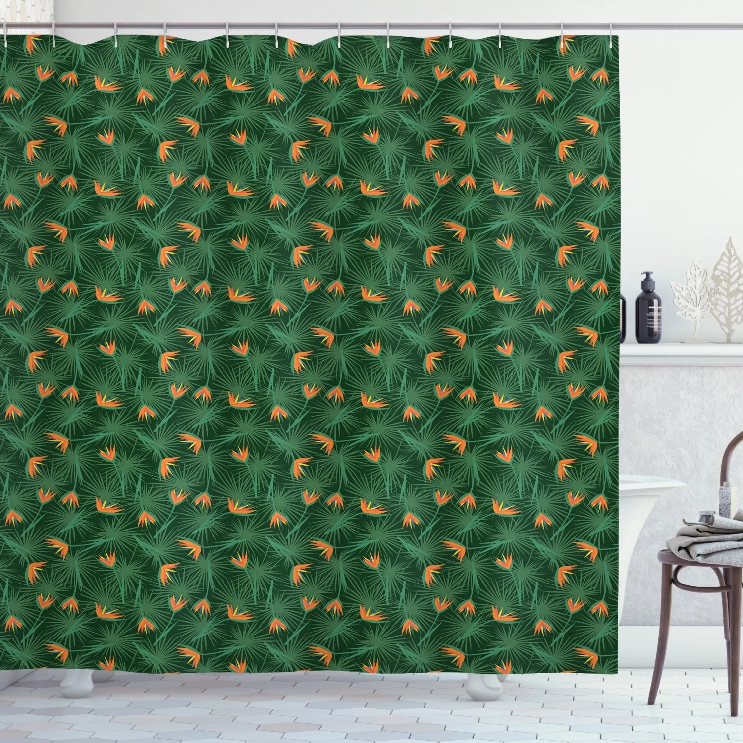 Jungle Shower Curtain, Tropical Birds of Paradise Flowers among Lush