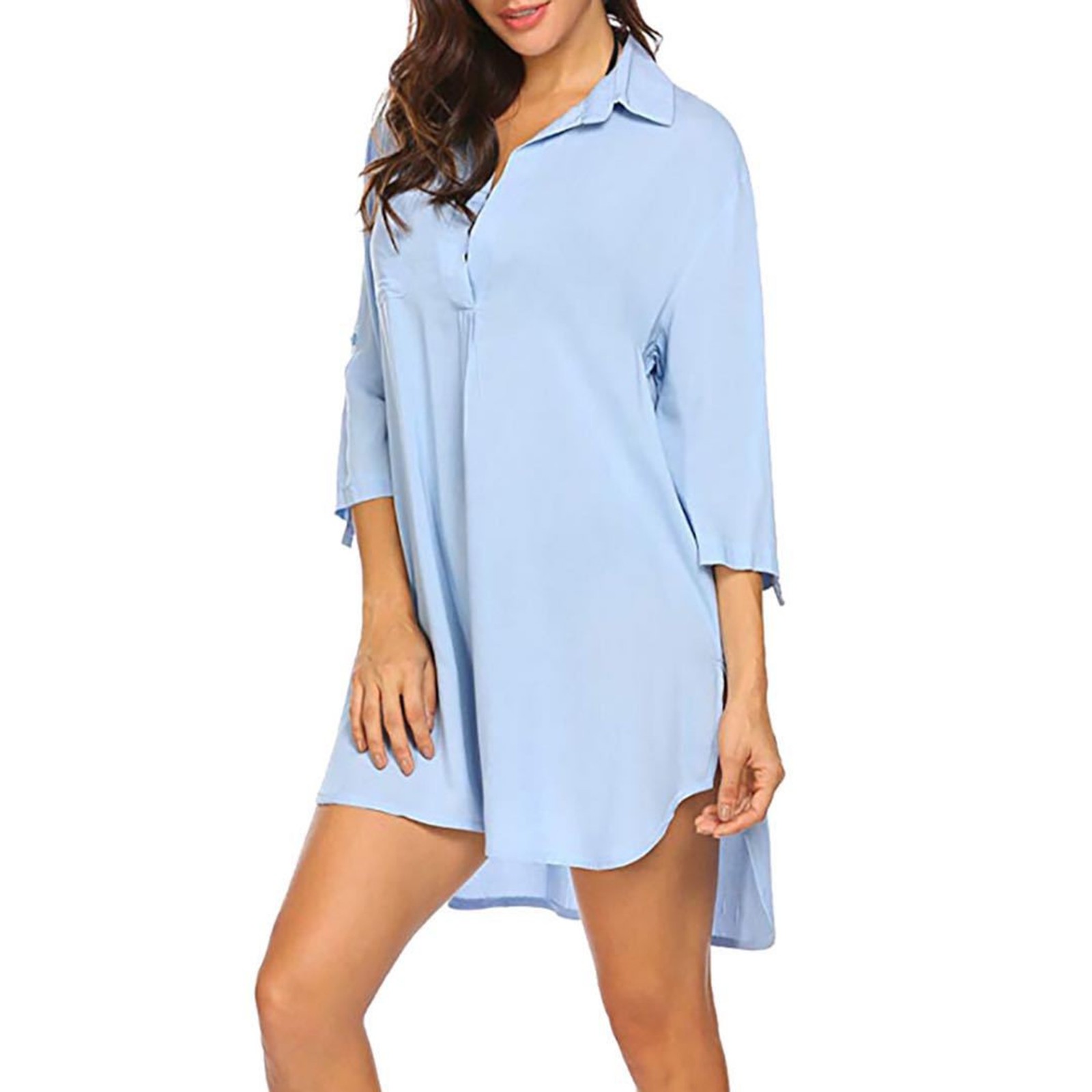 Women's New Summer Loose Solid Color Three Quarter Sleeve Dress Cotton