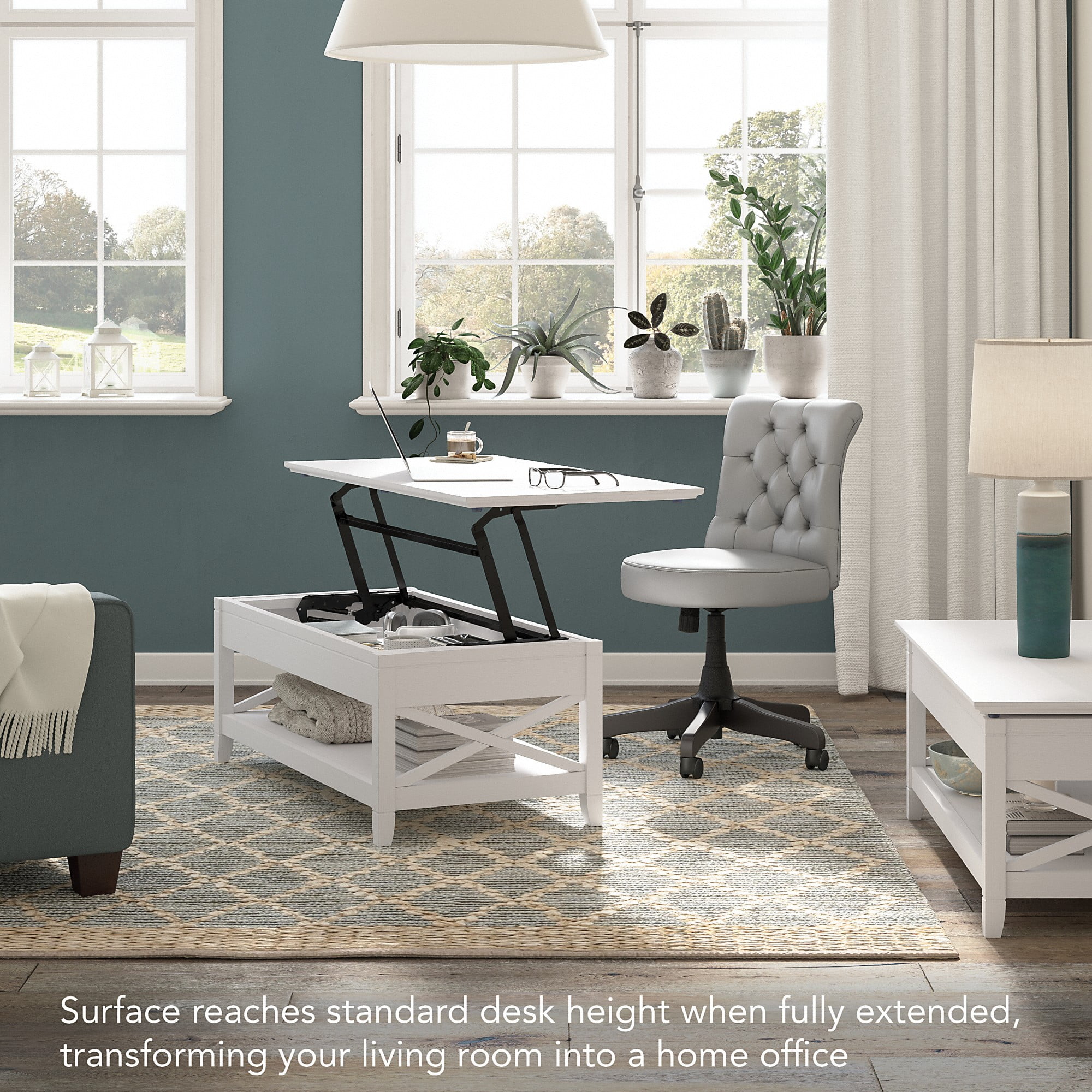 Bush Furniture Key West Lift Top Coffee Table Desk with Storage in Pure