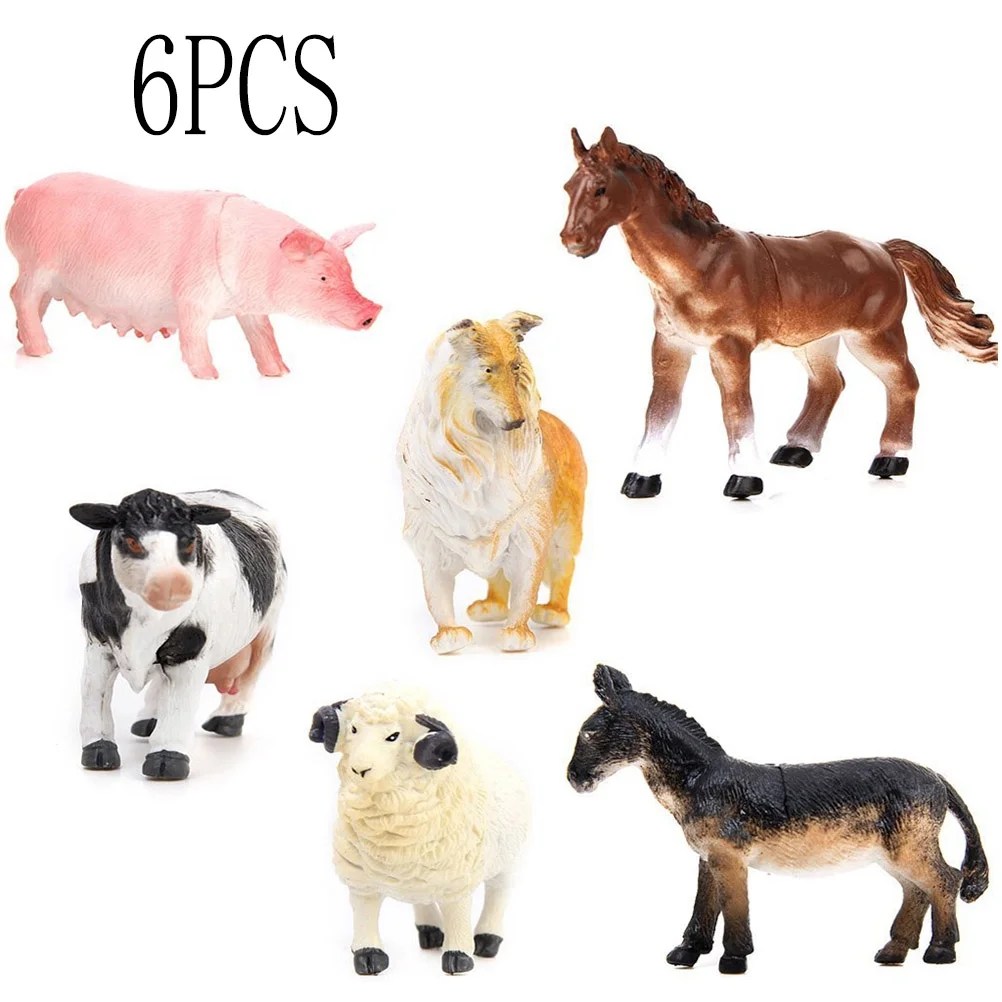 6pcs Mini Farm Animal Figures Toy Set Pig Dog Cow Sheep Horse Donkey