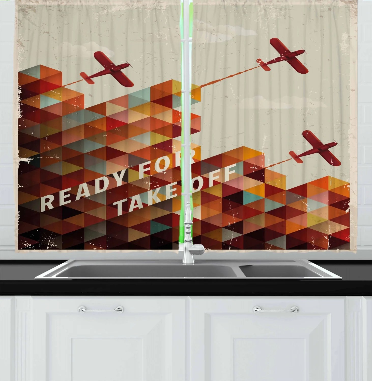 Vintage Airplane Curtains 2 Panels Set, Ready For Take Off Retro Style