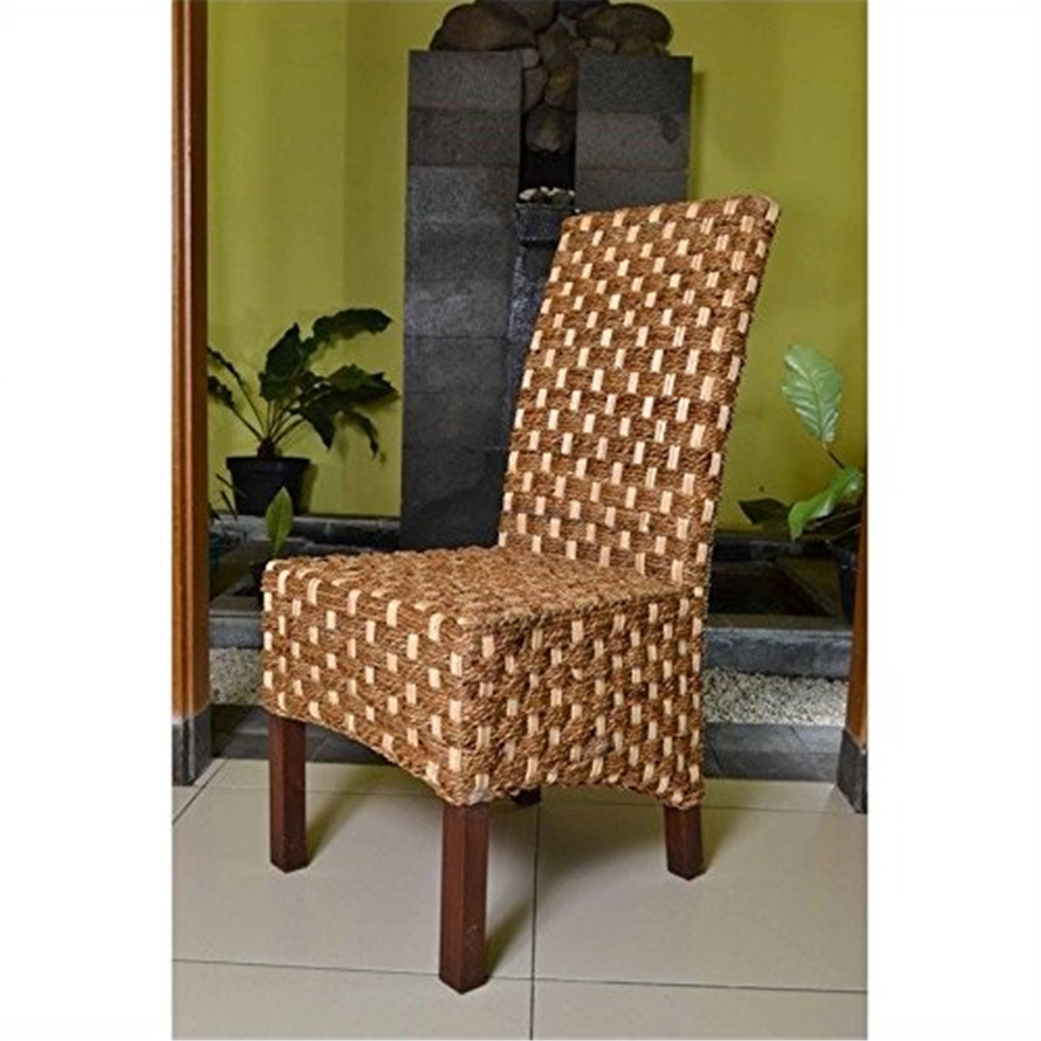Manila Abaca and Rattan Wicker Basket Weave Dining Chairs with Mahogany Hardwood Frame (Set of 2