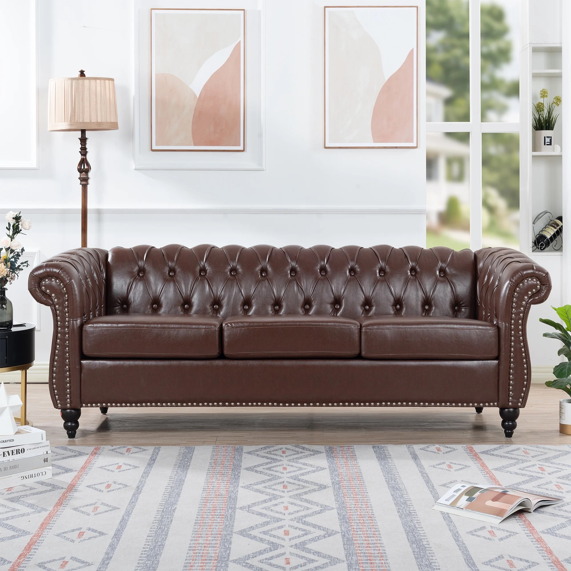 Chesterfield Sofa Couch, PU Tufted 3 Seater Sofa with Thick Cushion and