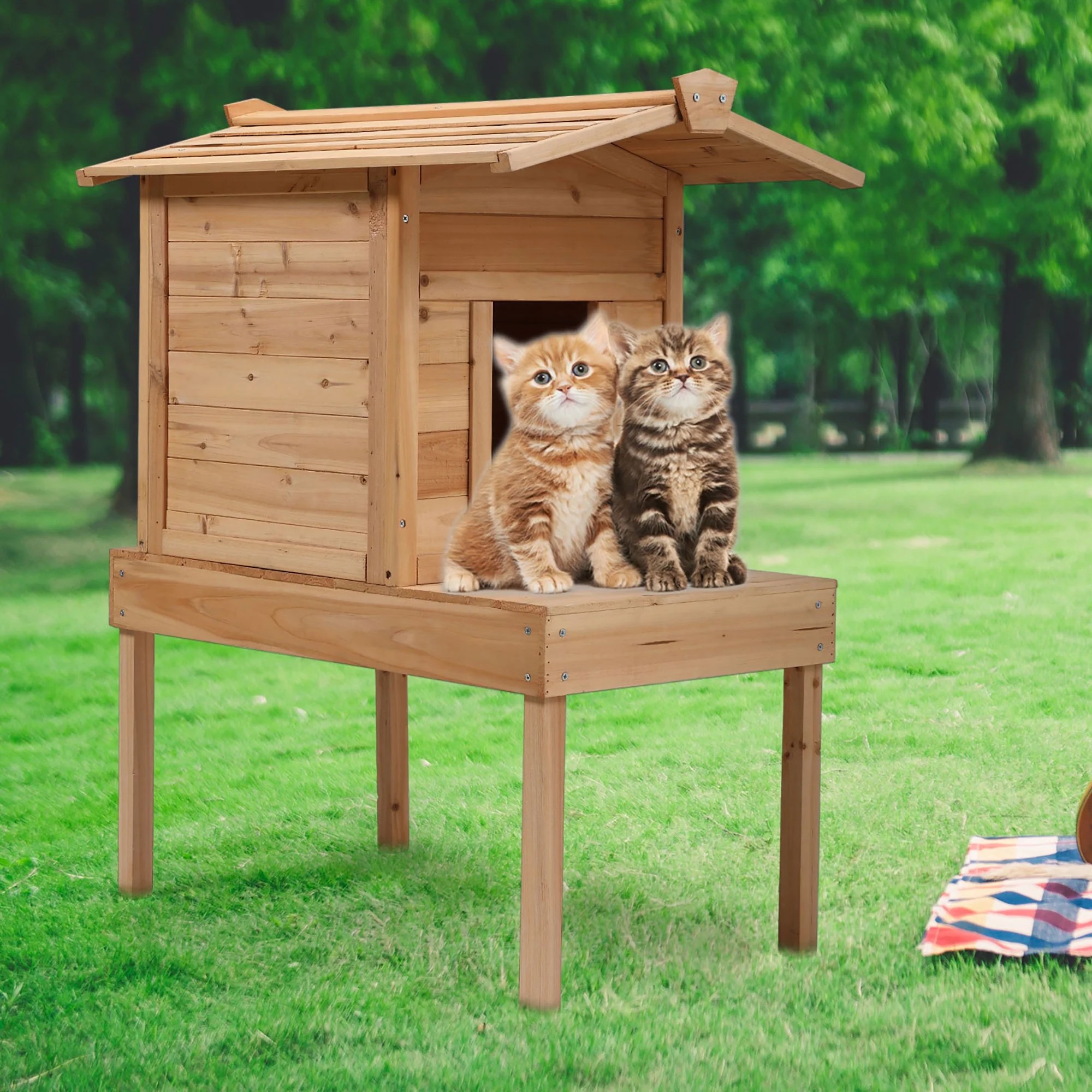 Coziwow Cat House with A Platform and An Open Balcony, Log Cabin for