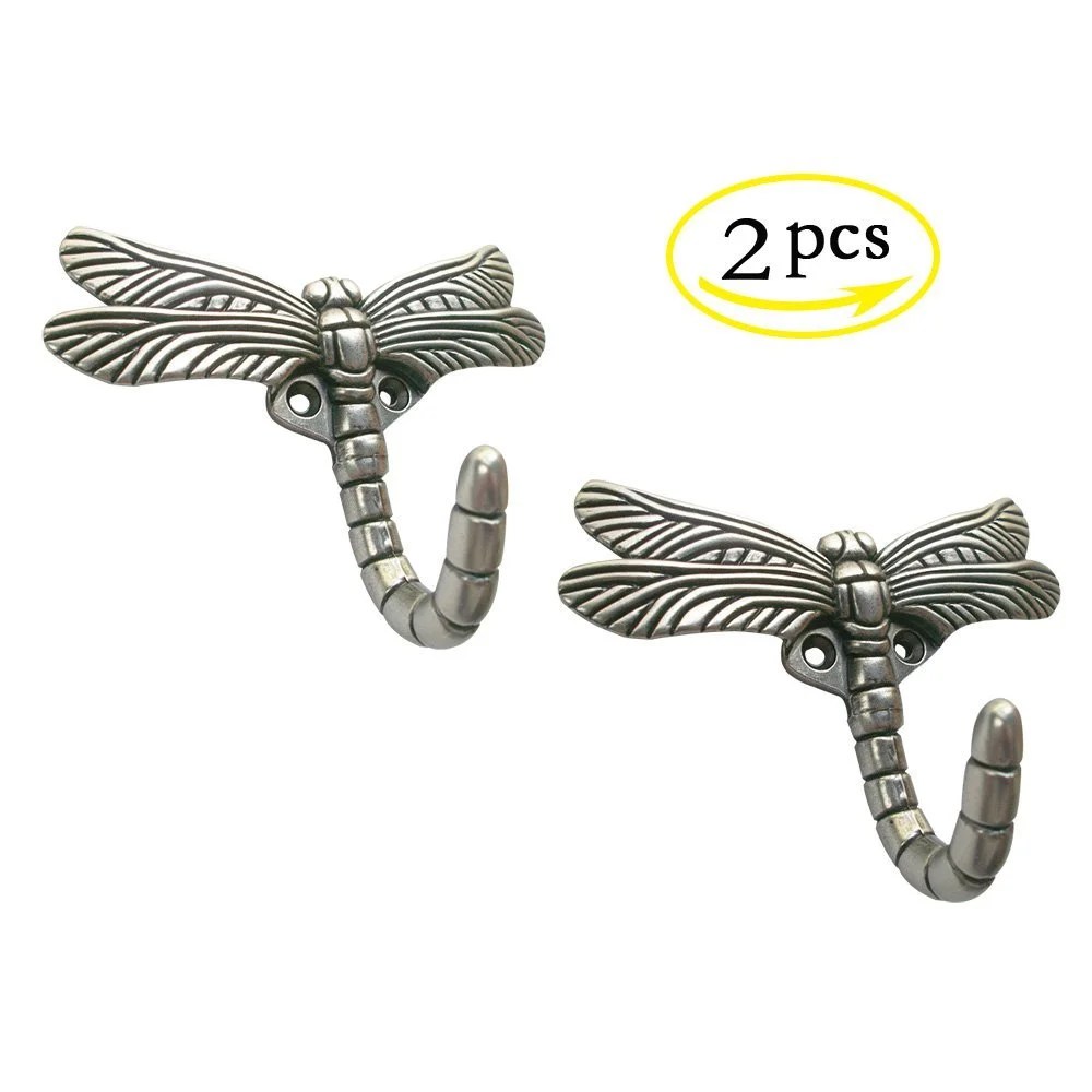 YEJI 2 Hooks Silver Antique Dragonfly Decorative Hooks for Kitchen