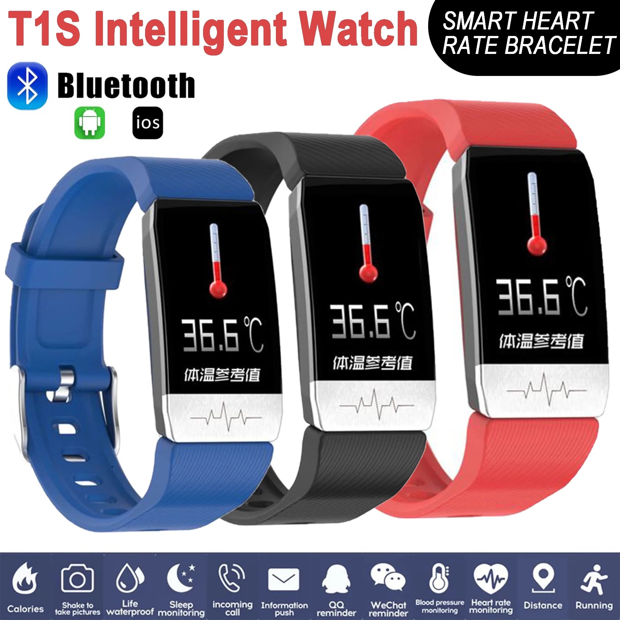 T1S Smart Watch Oximeter Body Temperature ECG Heart Rate Monitor Meter