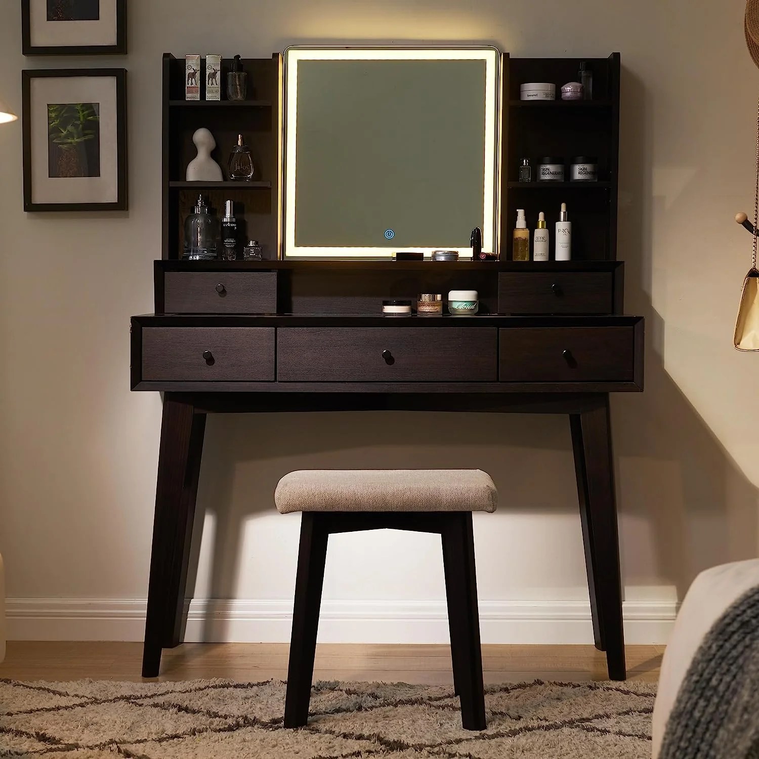OKD Vanity Desk with Lighted Mirror, Makeup Vanity Table with 5 Drawers