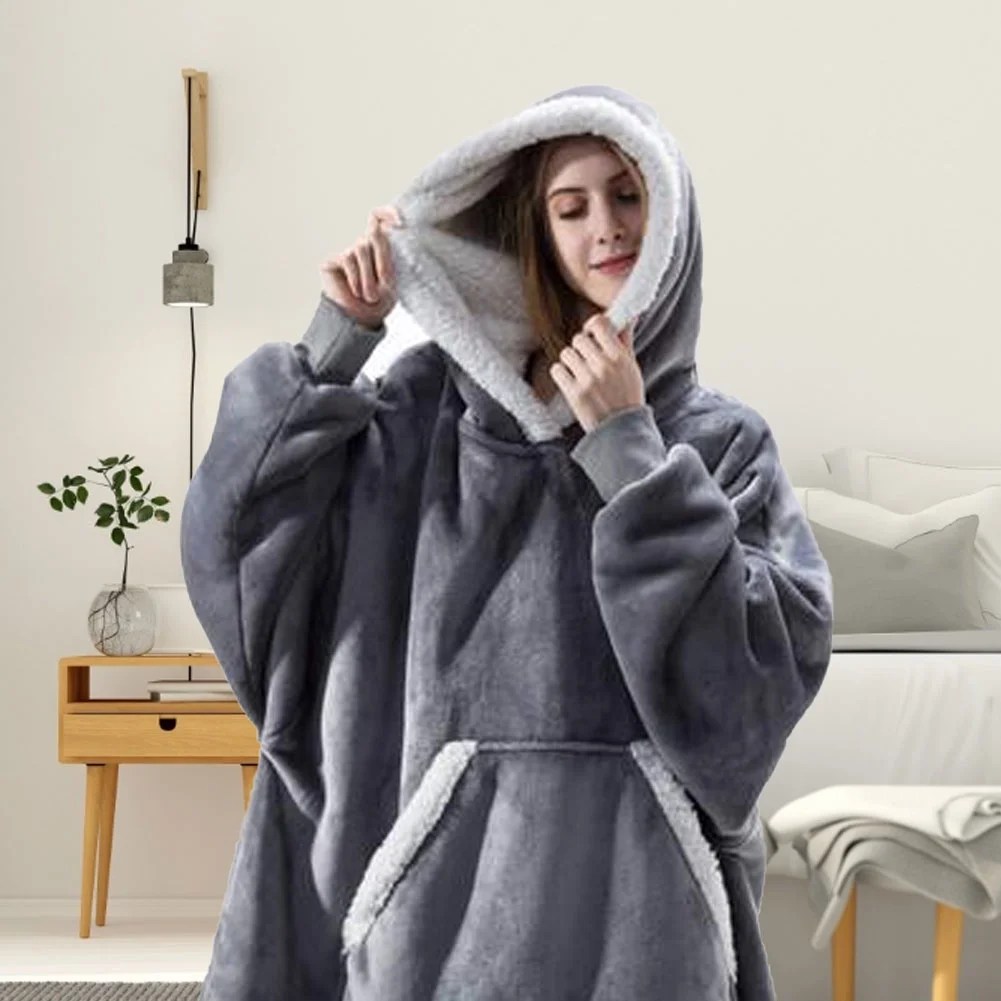 Flannel Hoodie Blanket Warm Soft Robe Sweatshirt Pullover with Sleeves Velvet Thick Red and