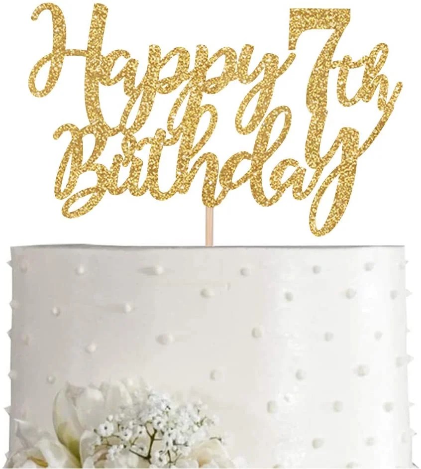Gold Glitter Happy 7th birthday cake topper, Gold 7 years