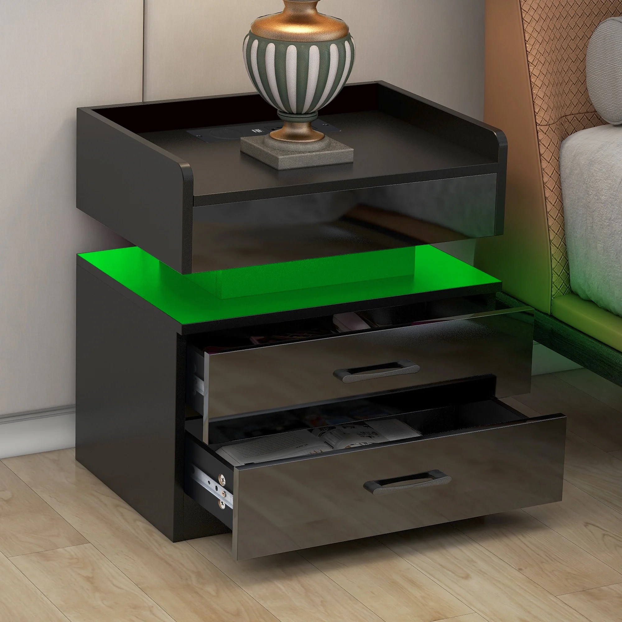 Nightstand with 2 Drawers, Solid Wood Modern Bedside Table with USB