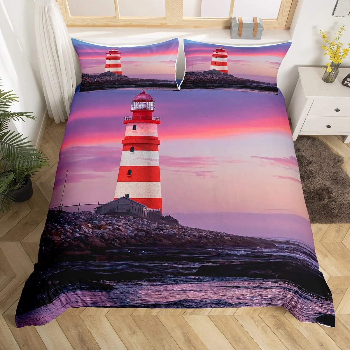 YST Lighthouse Bedding Sets Twin Coastal Beach Comforter Cover, Nautical Theme Bed Set Pink