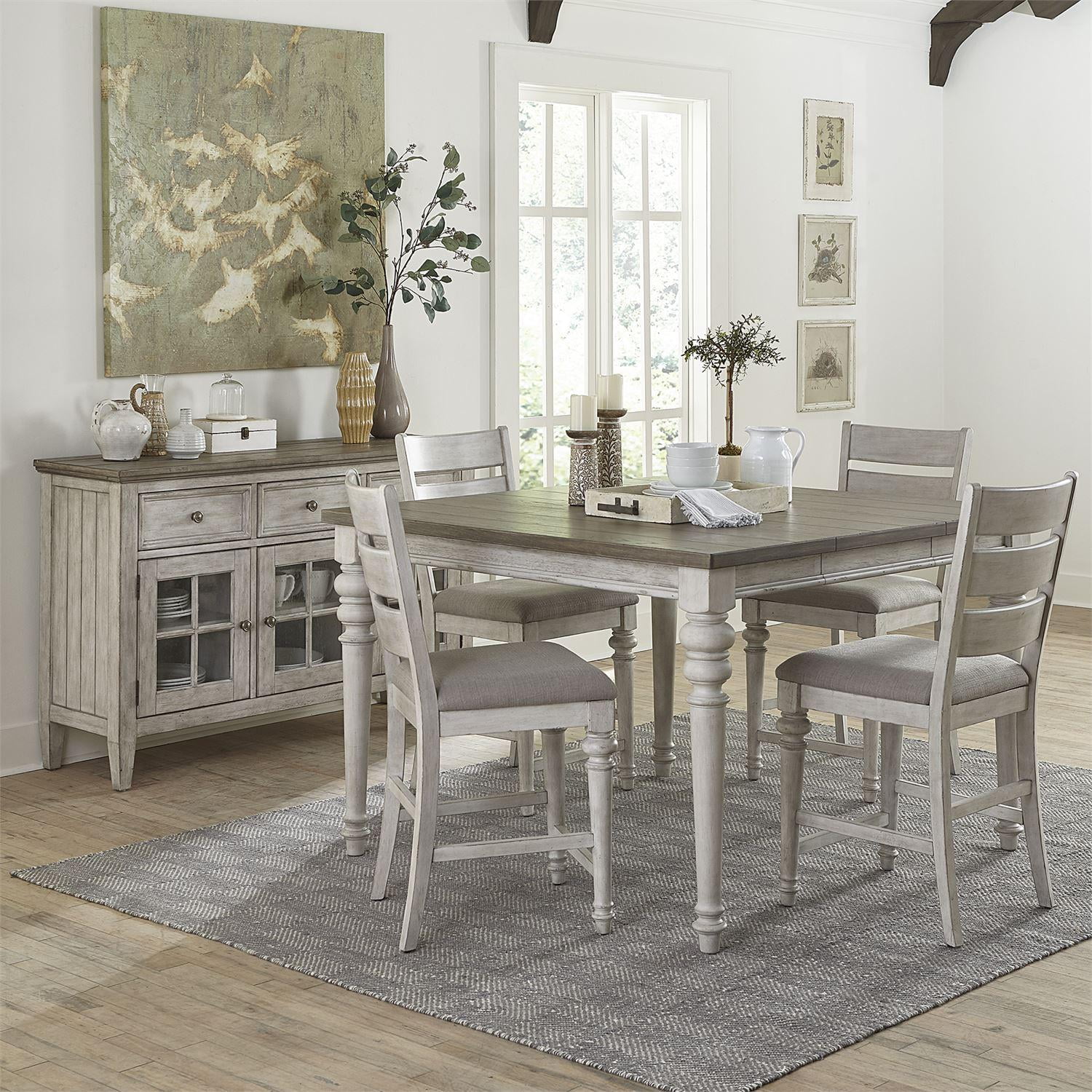 Farmhouse White Wood Counter Dining Set 5 Pcs 824DRO5GTS Liberty