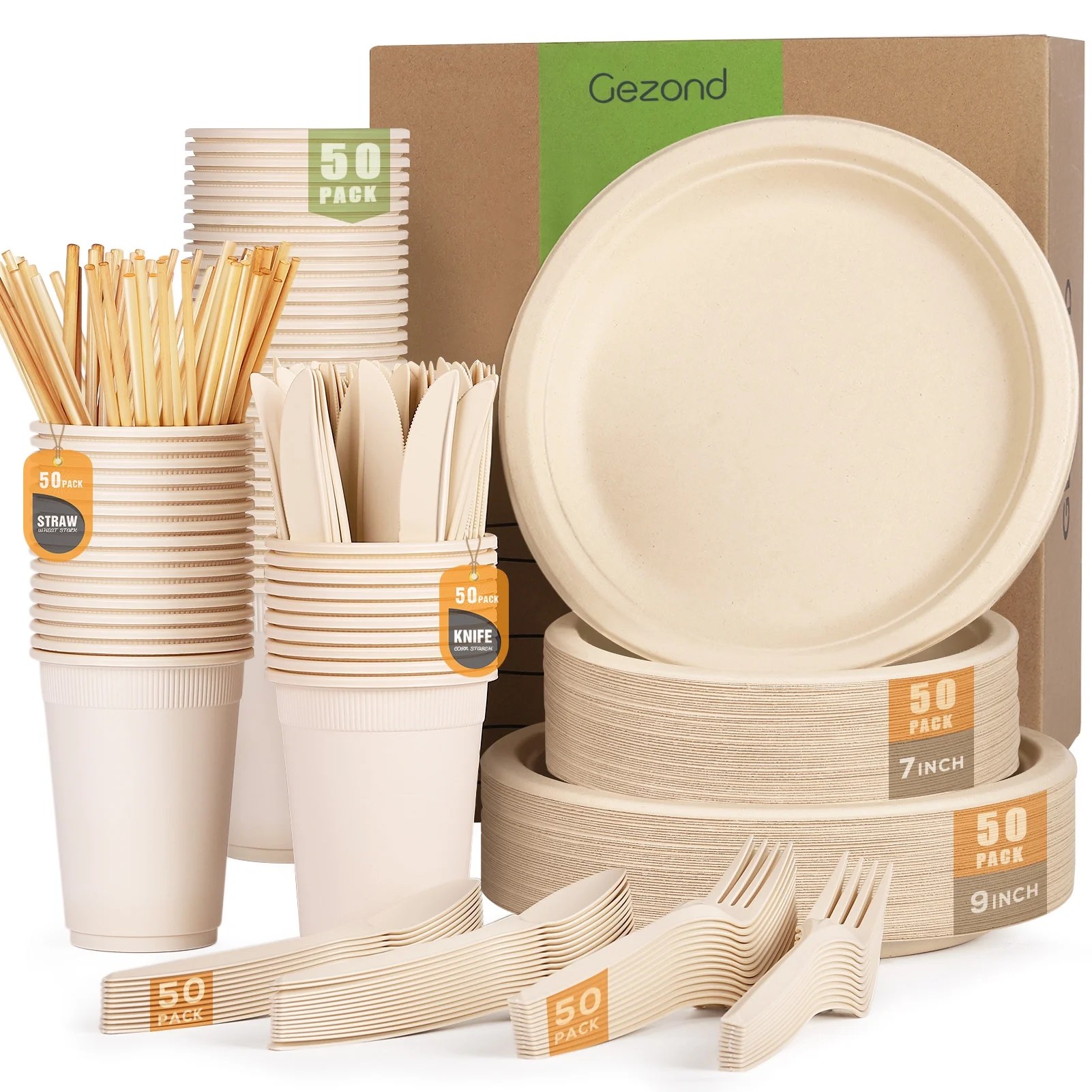 Gezond 350pcs Compostable Paper Plates Set, EcoFriendly HeavyDuty