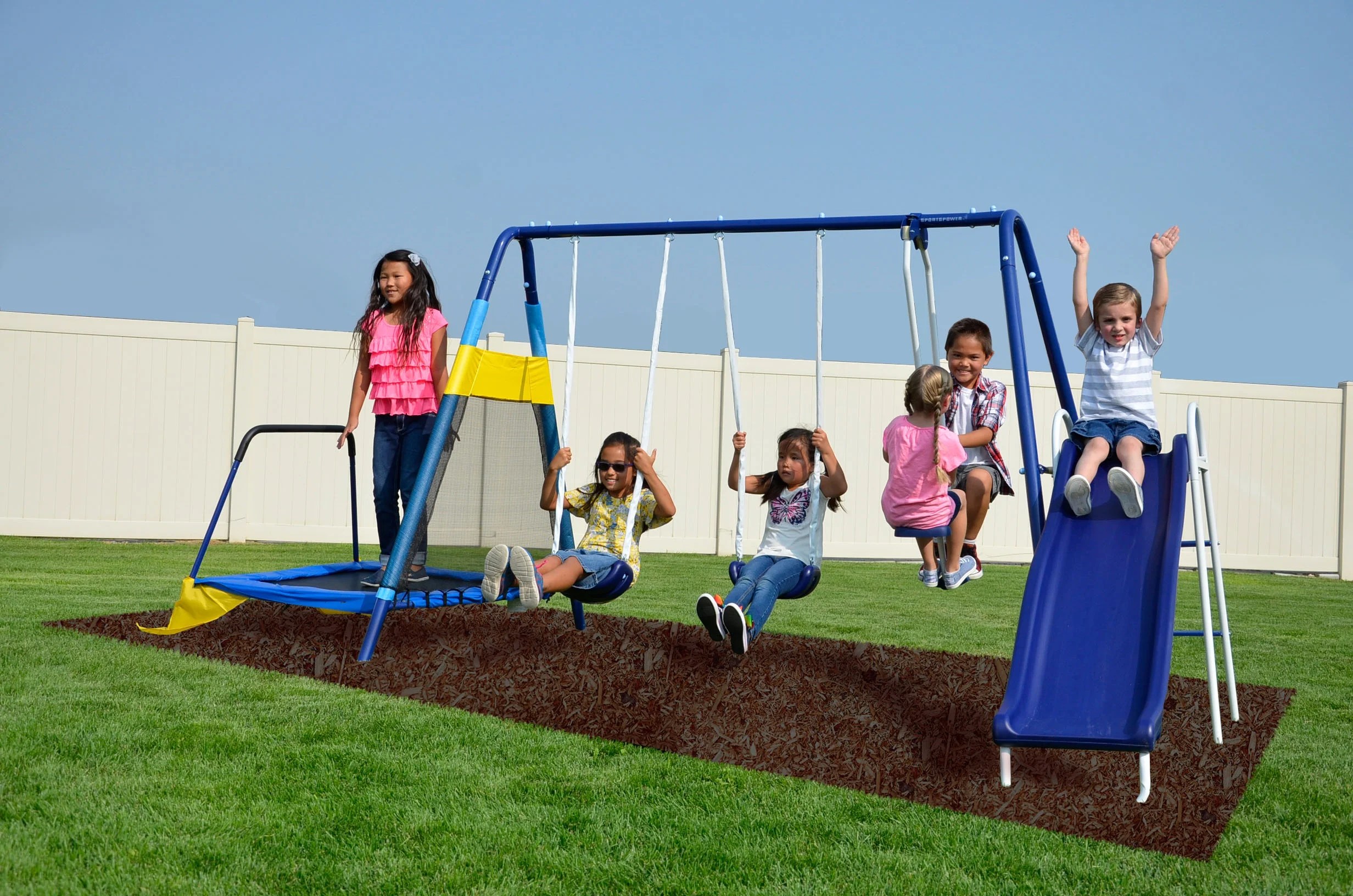 Sportspower Almansor Metal Swing Set with Slide and Trampoline