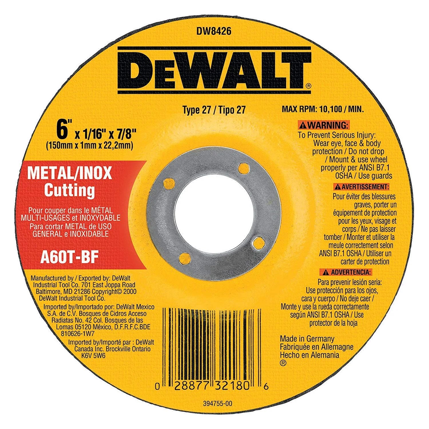 Dewalt Type 27 Cutting Wheel, 6 in Dia, 7/8 in, 60 Grit, Medium Grade