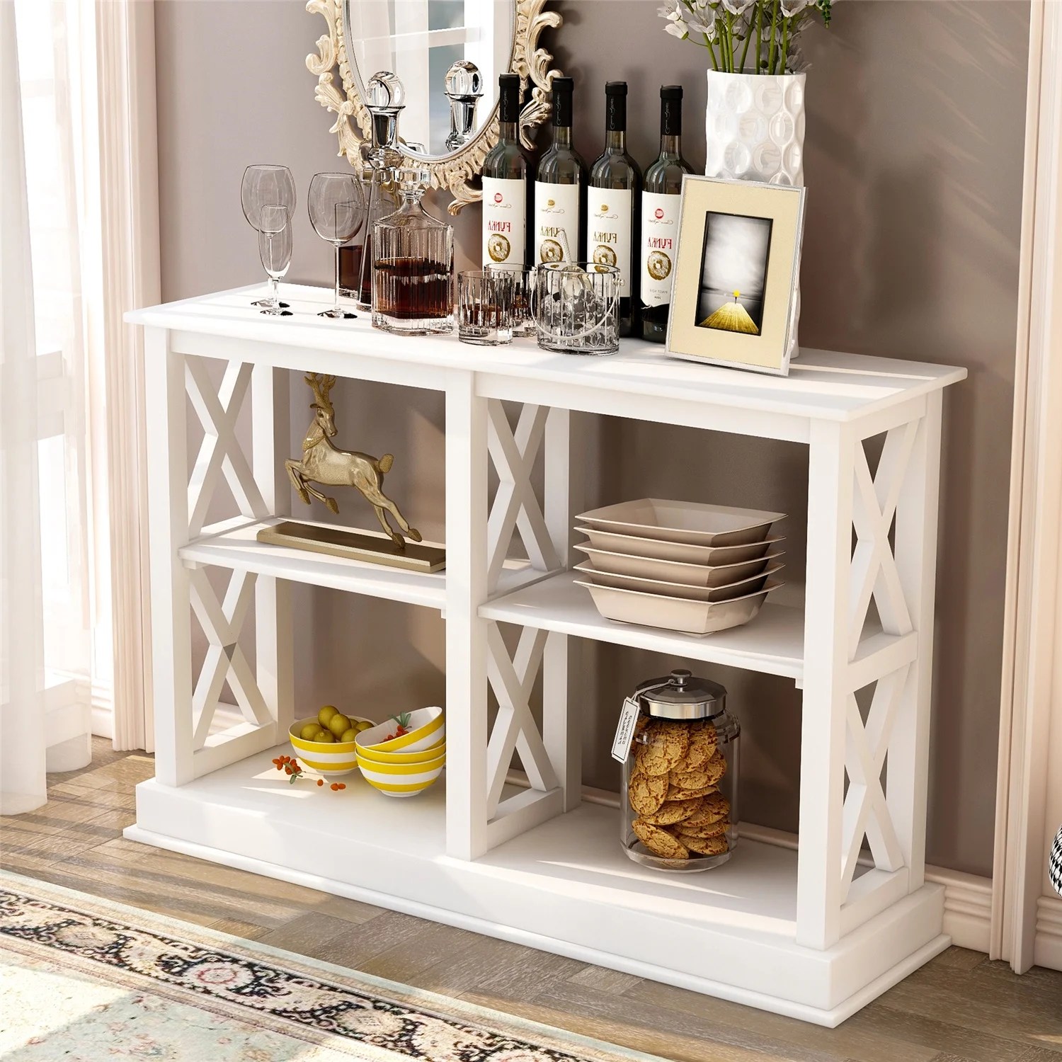 Console Table, Solid Wood Narrow Side Table with 3Tier Open Storage