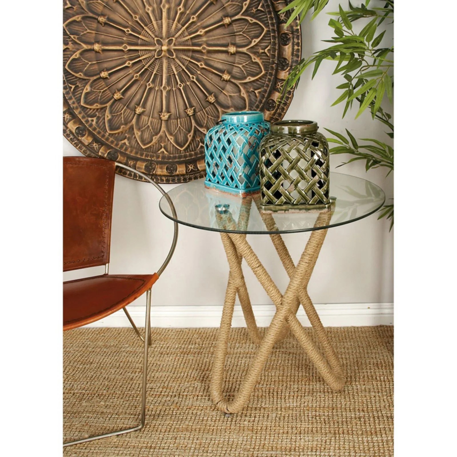 DecMode Rope Wrap Glass Top Accent Table