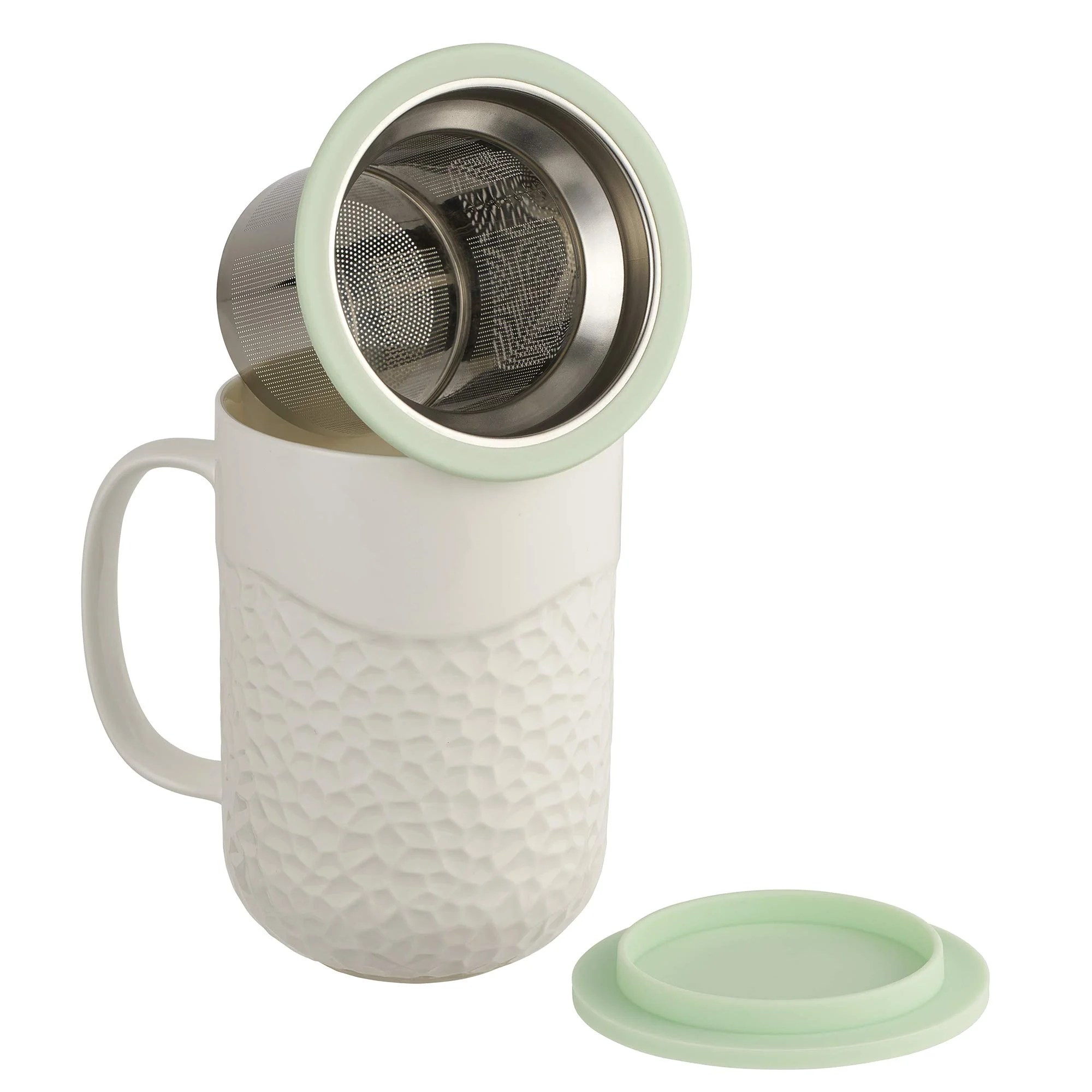 124806 15 oz Coral Tea Infuser Mug White Green Lid