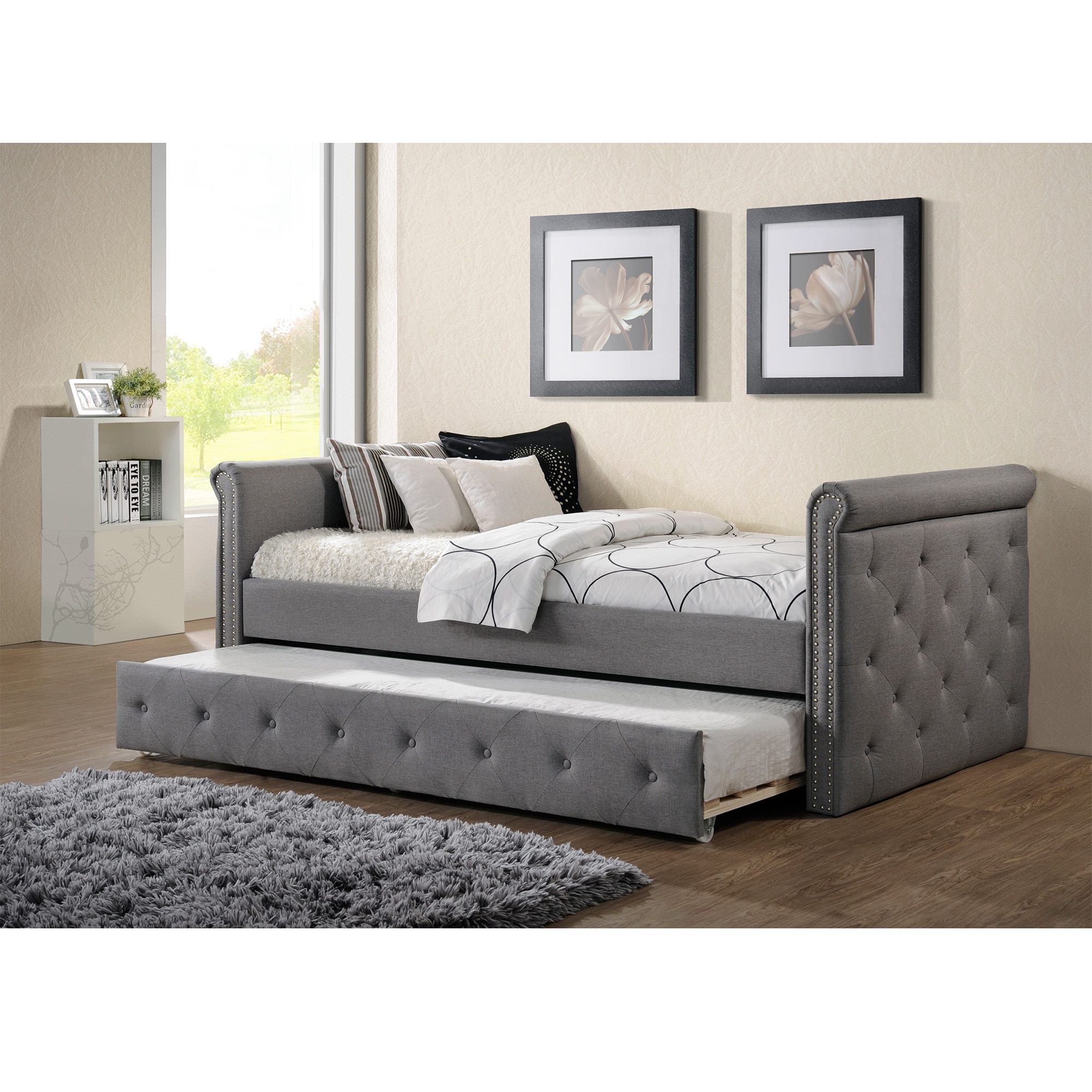 Baxton Studio Aisopos Modern and Contemporary Grey Fabric Tufted Twin Size Daybed with Rollout