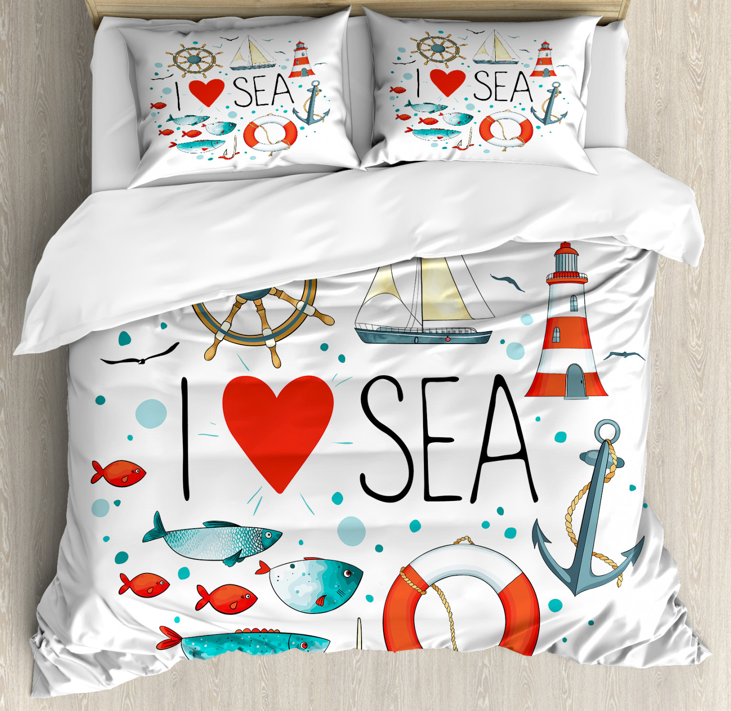 Nautical Queen Size Duvet Cover Set, "I Love Sea" Quote with Heart