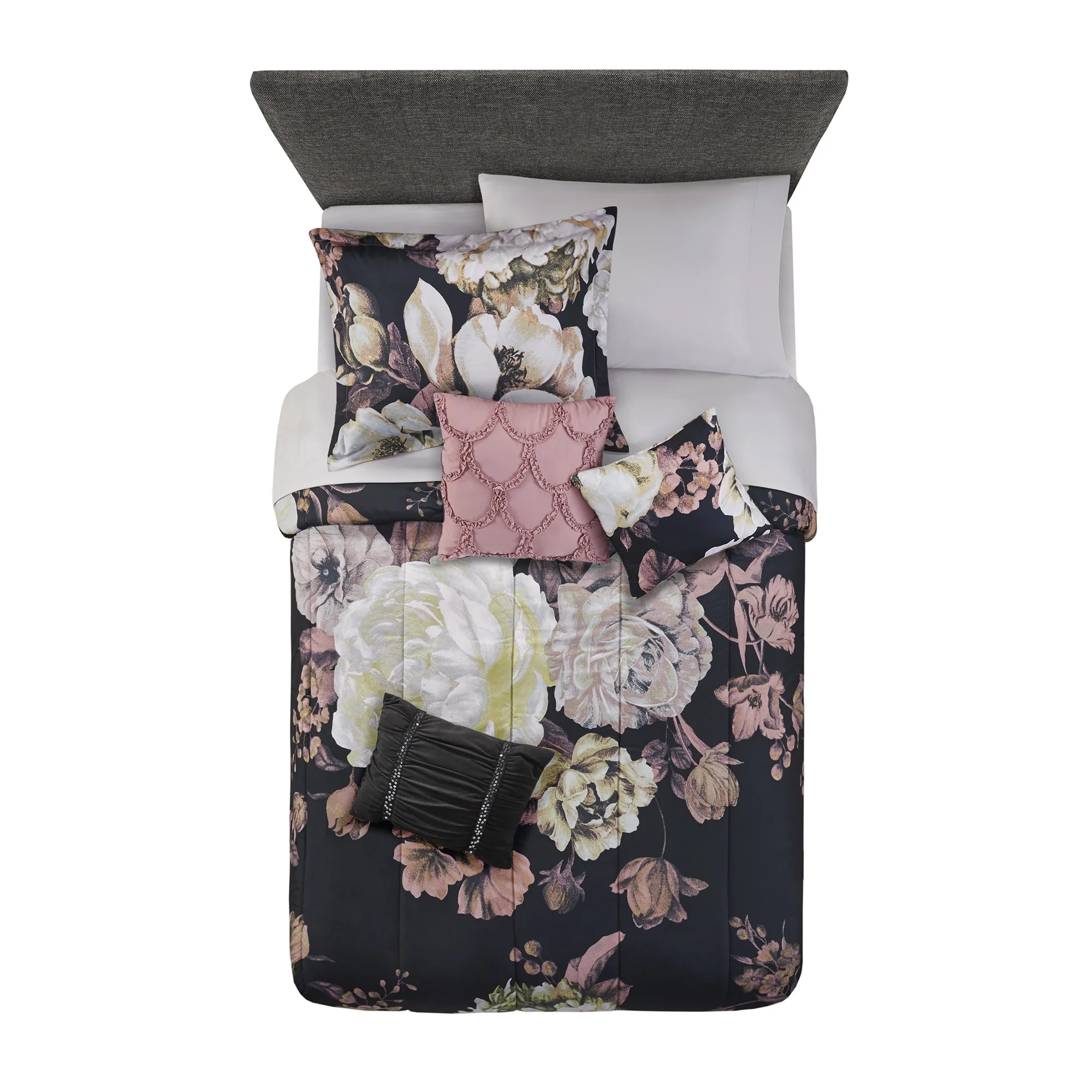 Mainstays Black Floral 8Piece Bed in a Bag Bedding Set w/BONUS Sheet