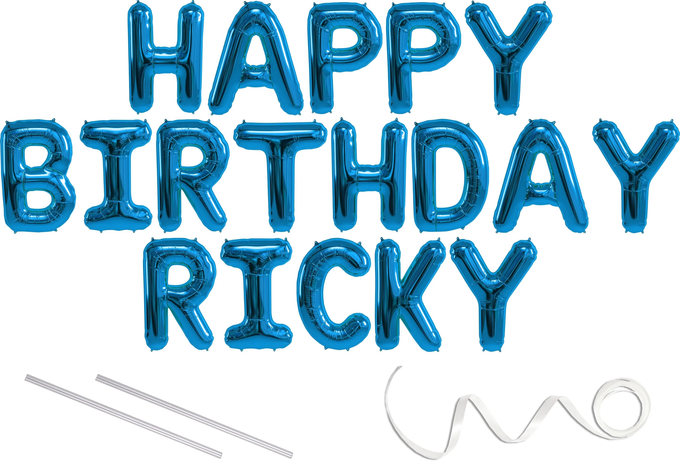 Ricky, Happy Birthday Mylar Balloon Banner Blue 16 inch Letters