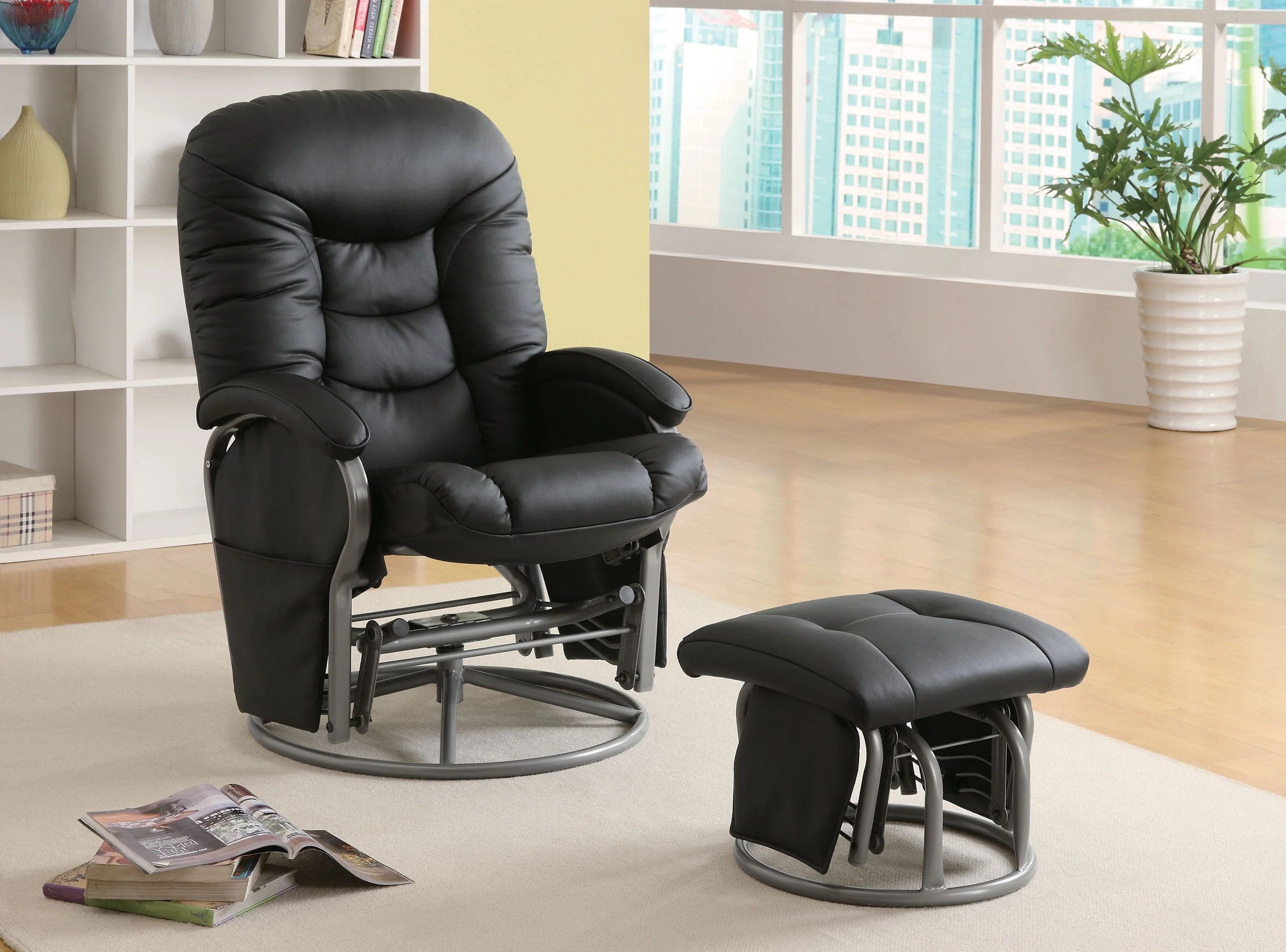 Deluxe Nursing Glider Swivel Rocker Recliner Comfort Black Leatherette