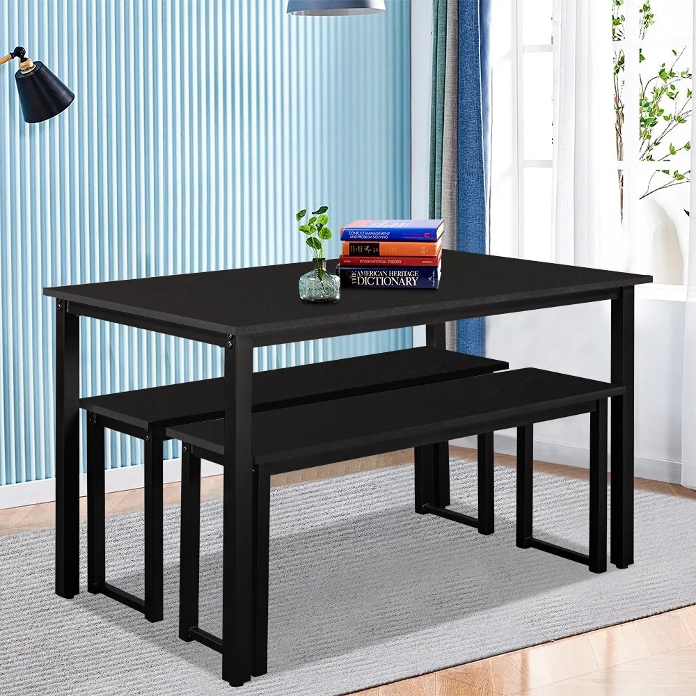 3 Pieces Dining Room Table Set with Two Benches, Black Modern Kitchen
