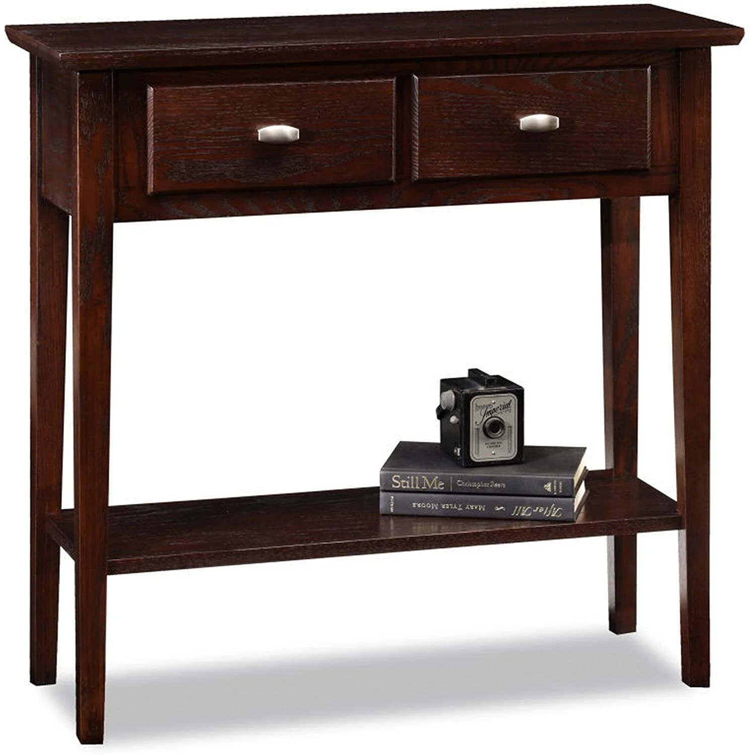 Modern Oak Brown Rectangle Hall Narrow Sofa Table Console with 2 Storage Drawers