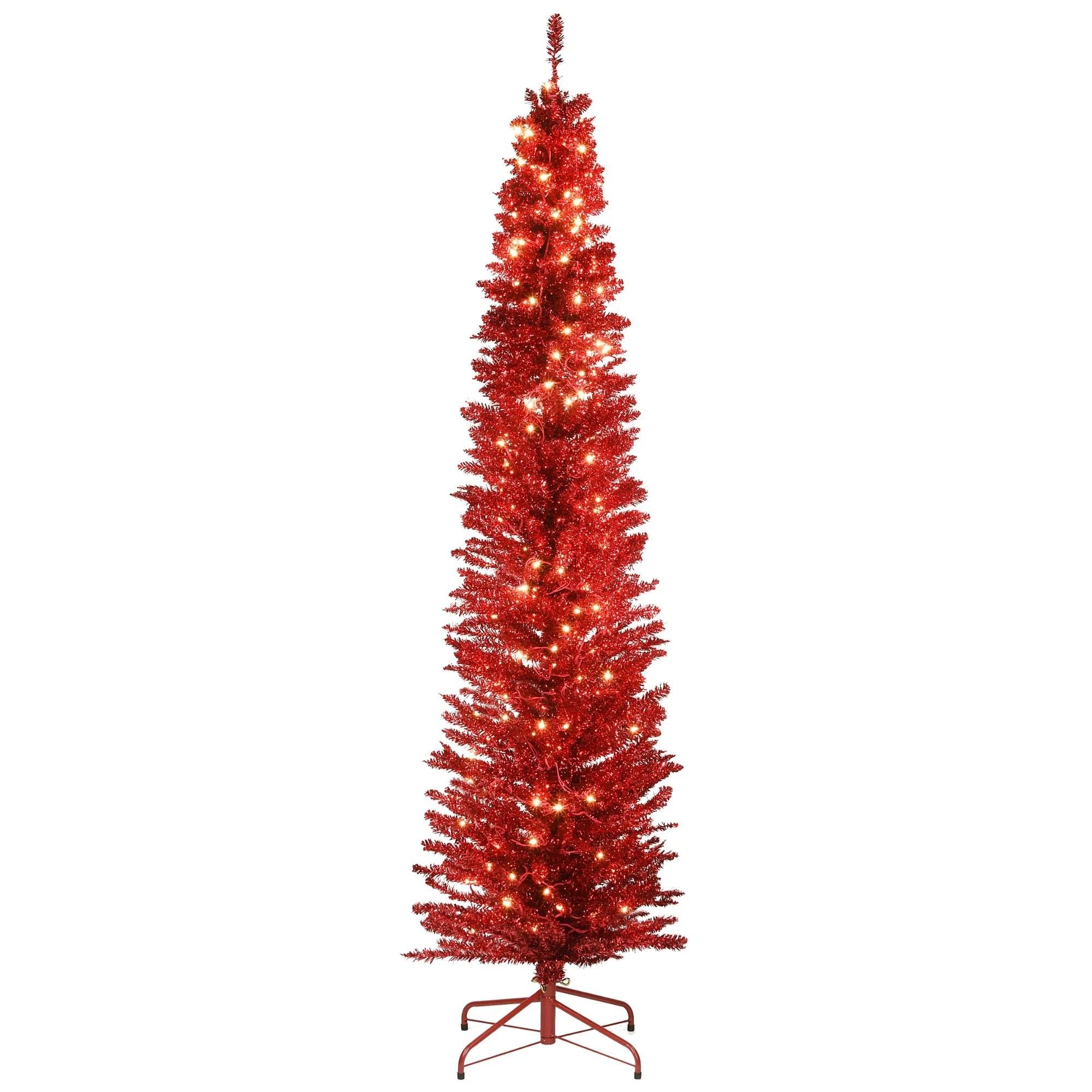 7' PreLit Pencil Red Tinsel Artificial Christmas Tree Clear Lights