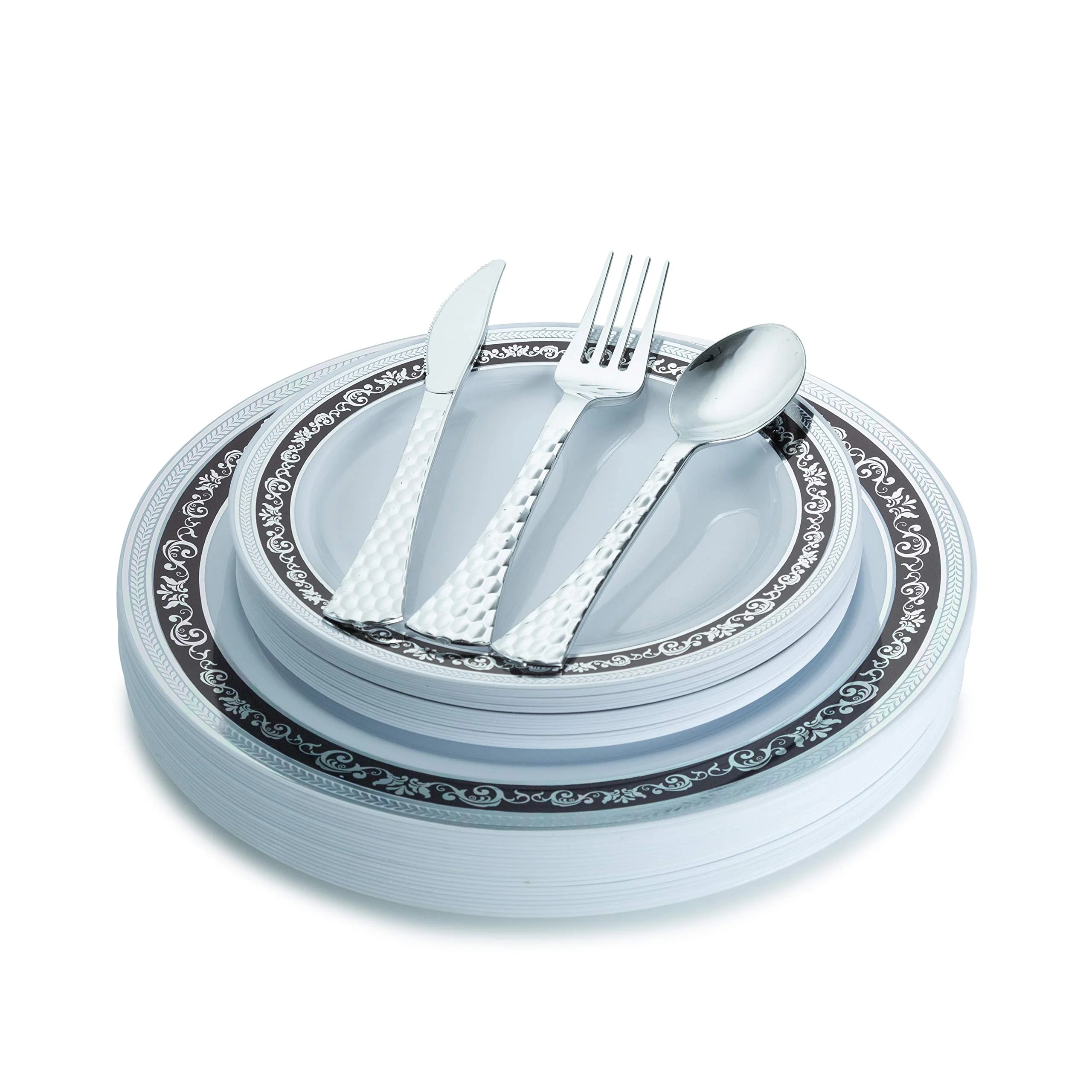 100 Piece Silver & Black Disposable Plastic Plates & Plastic Silverware